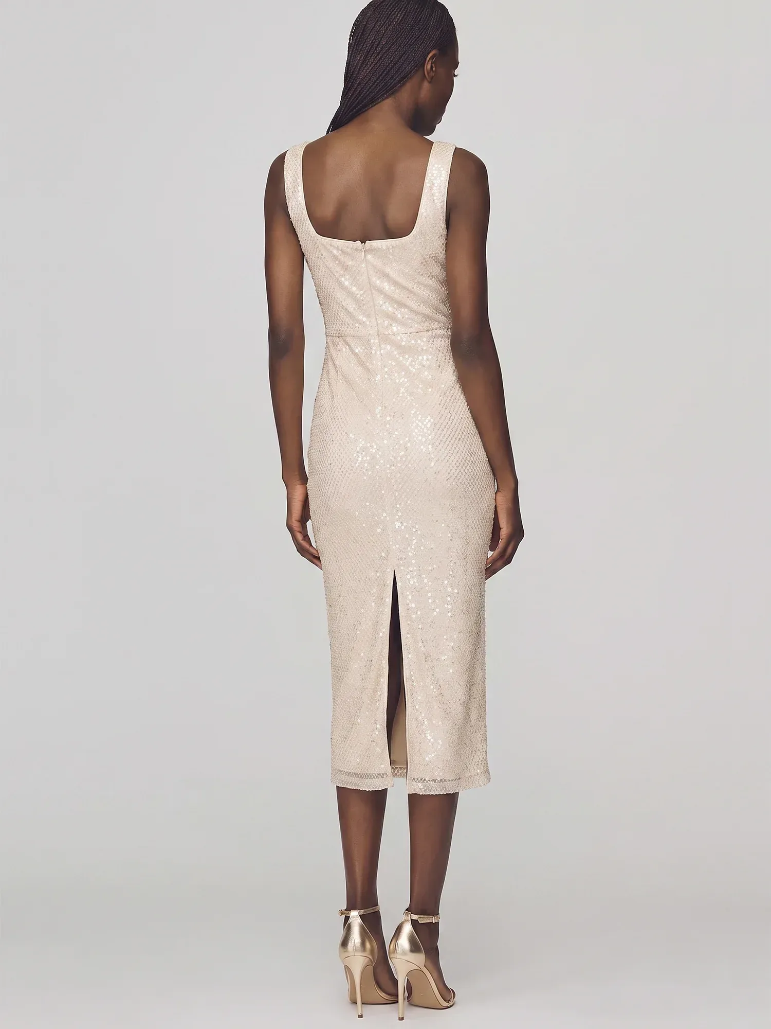 Sleeveless Sequin Mesh Square Neck Bodycon Midi Dress