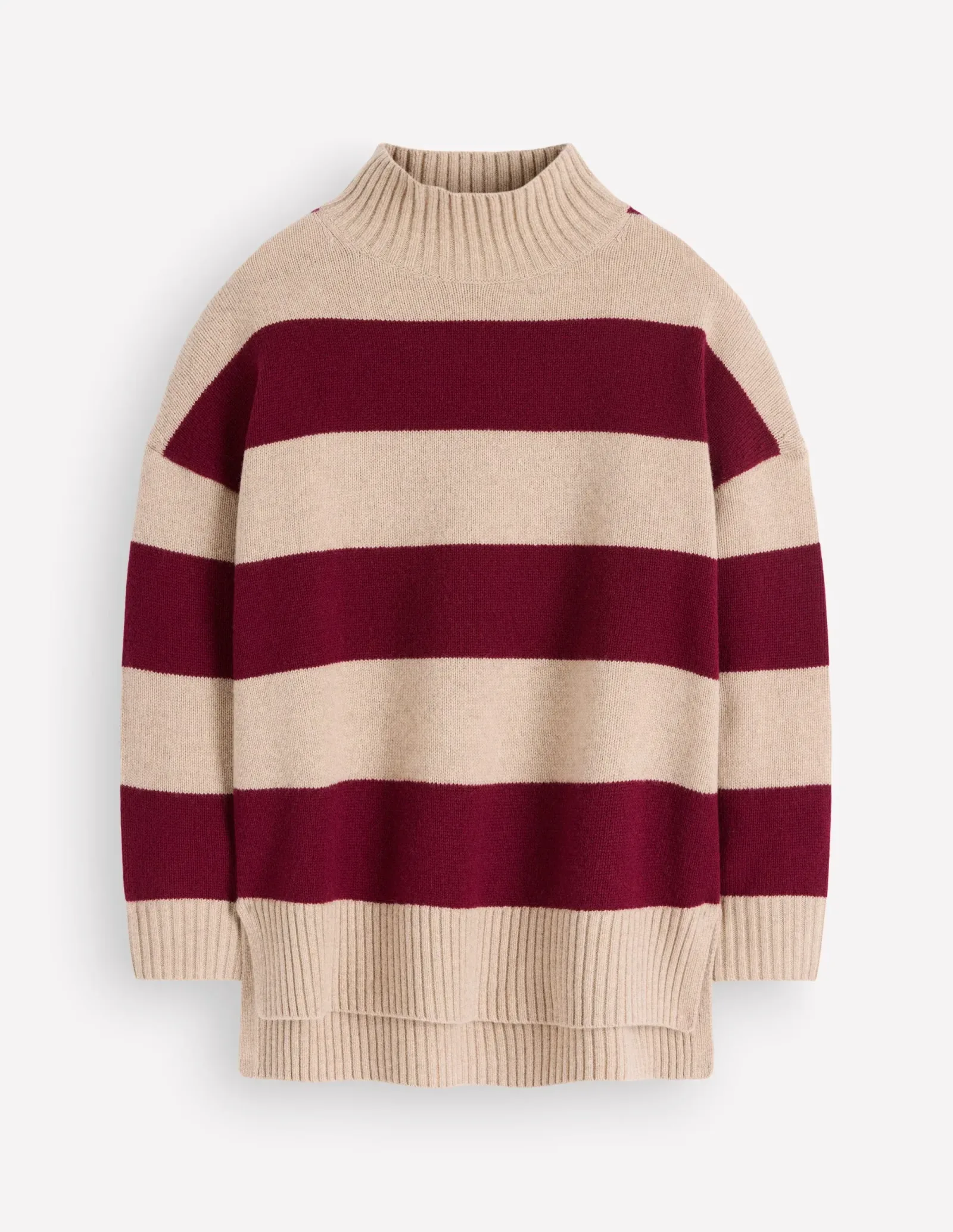 Marta Longline Merino Jumper-Merlot, Oatmeal Stripe