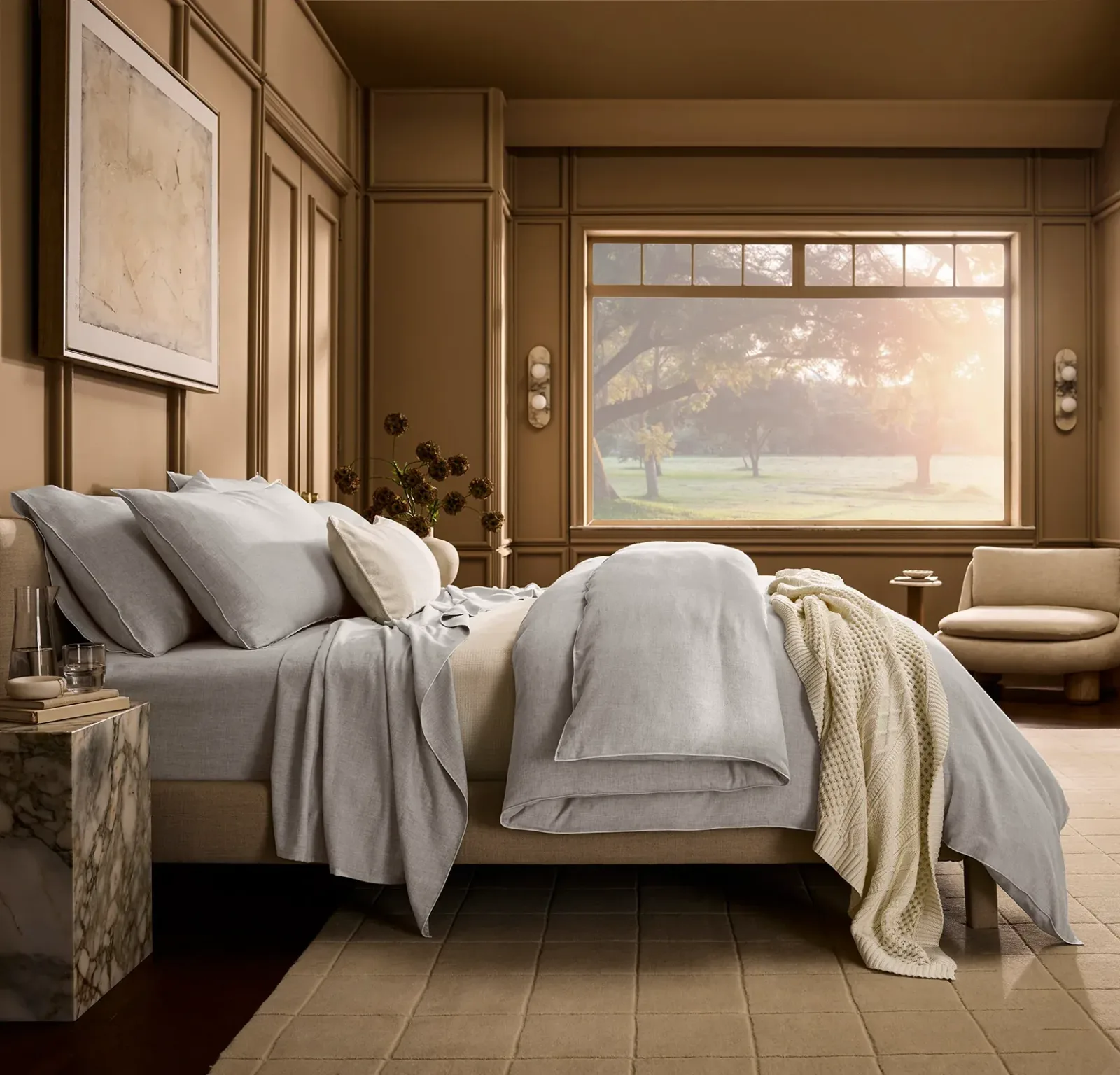 Elysian Cotton Cashmere Sheet Set – Heathered Fog/White Piped Edge