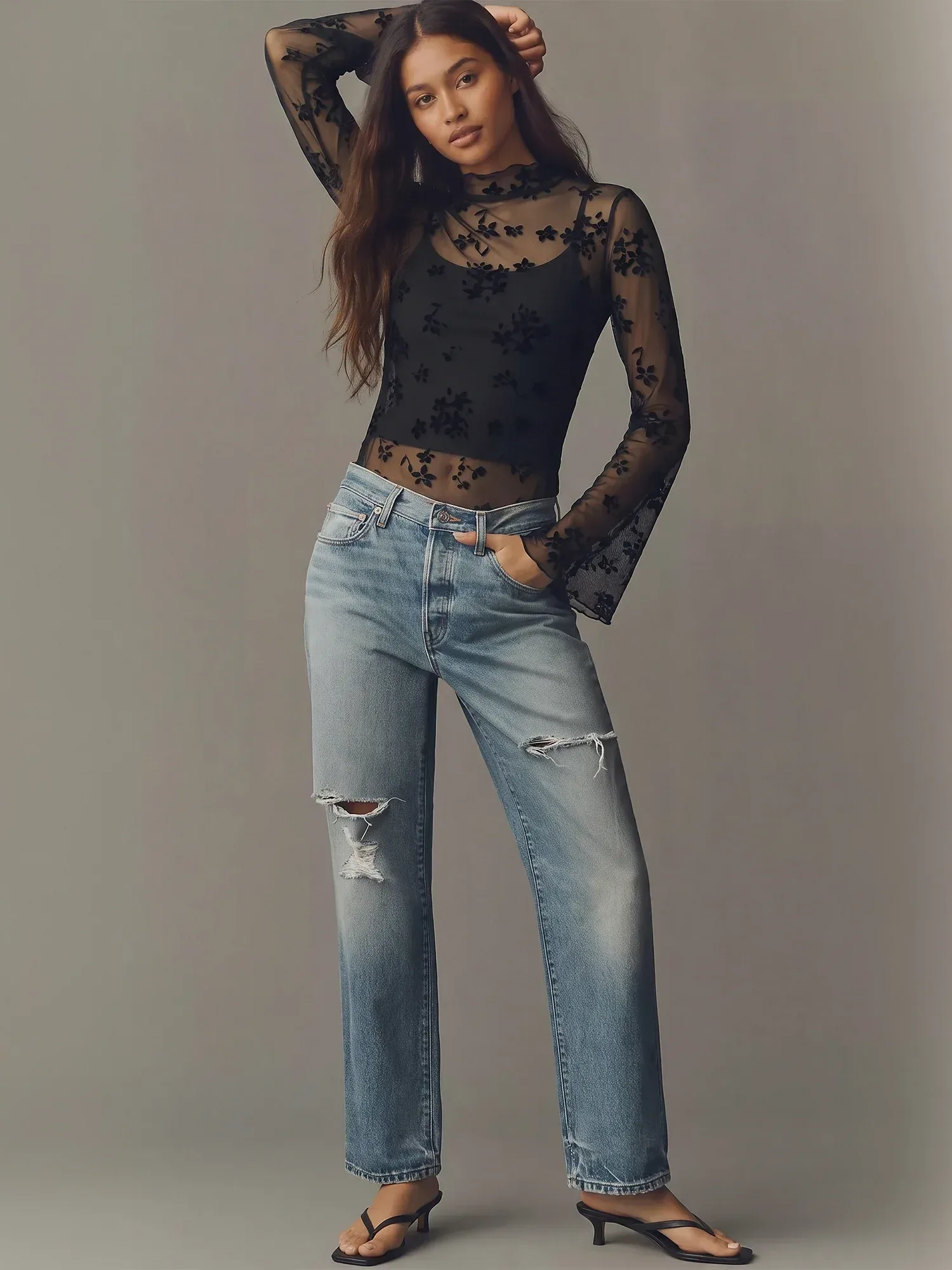 Long Sleeves Sheer Mesh Floral Mock Neck Layer Top