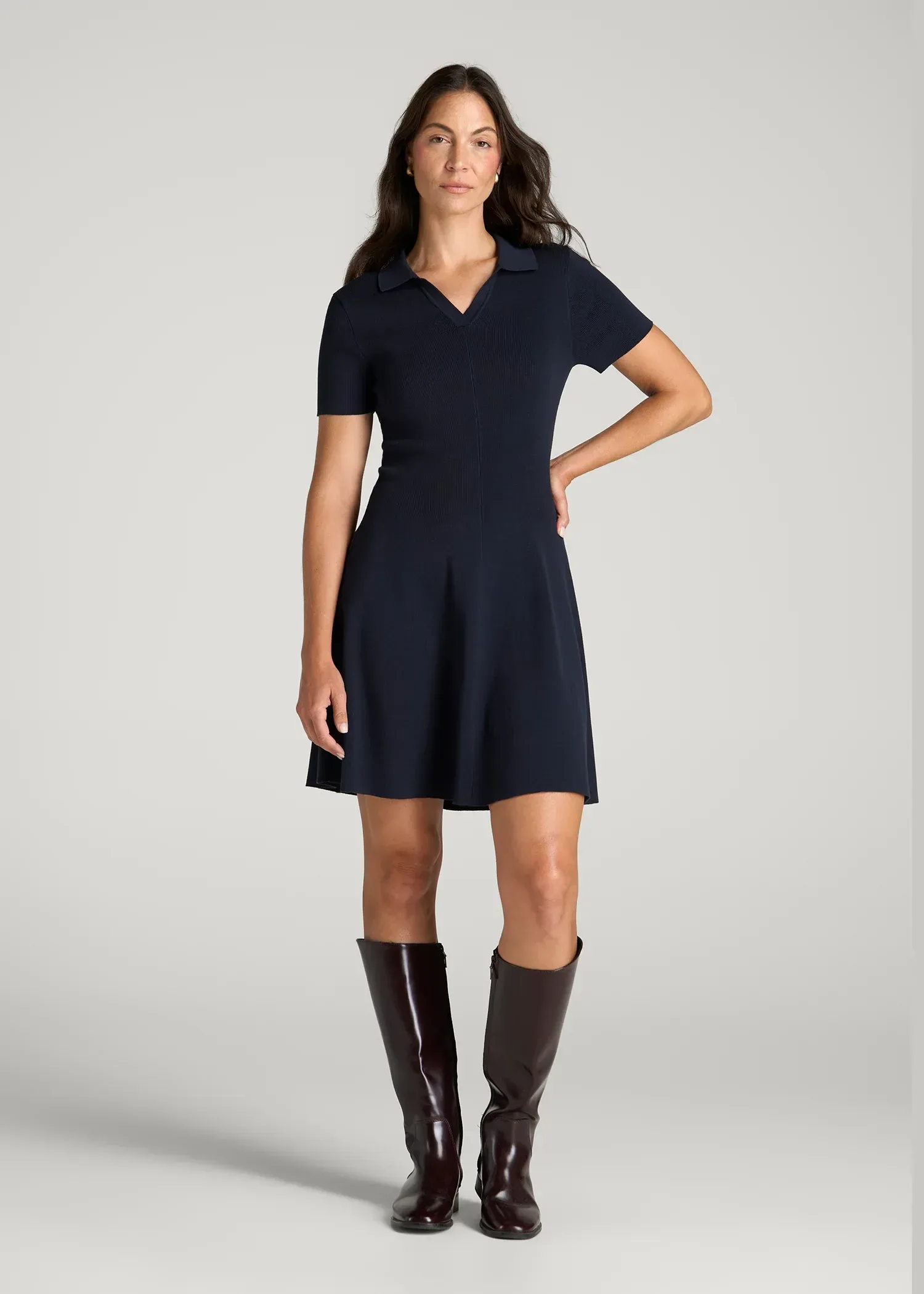 Structured Knit Short Sleeve Polo Dress for Tall Women in Royal Navy