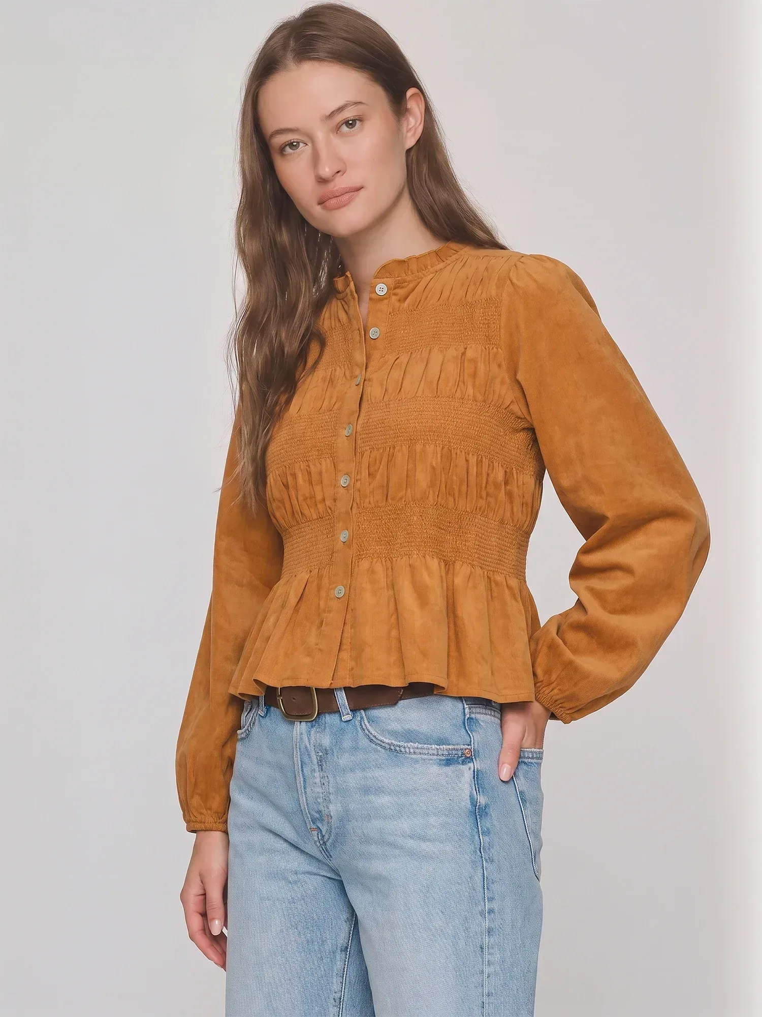 Longsleeves Button Front Textured Peplum Blouse