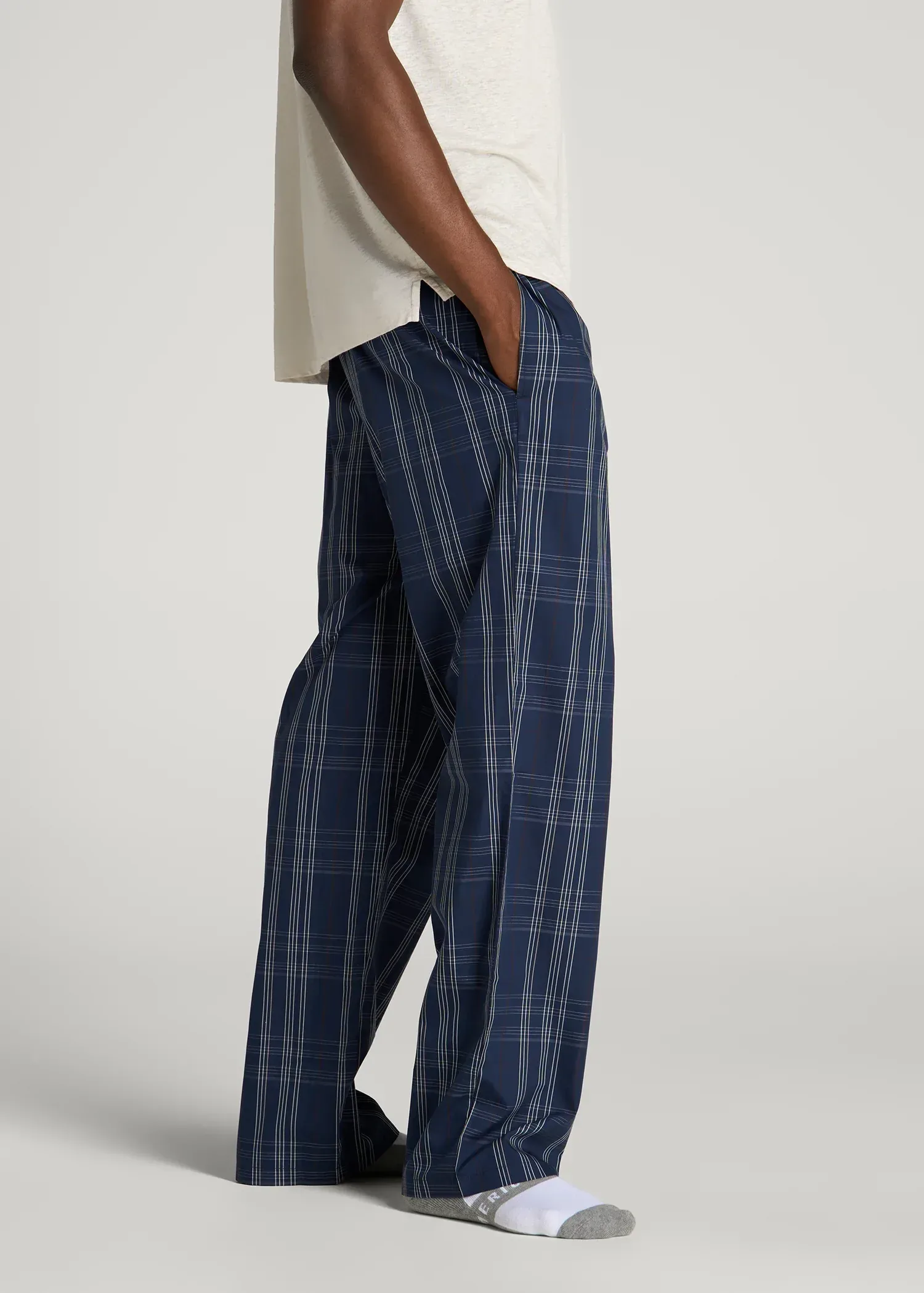 Cotton Poplin Pajama Pants for Tall Men in Navy and Blue Plaid