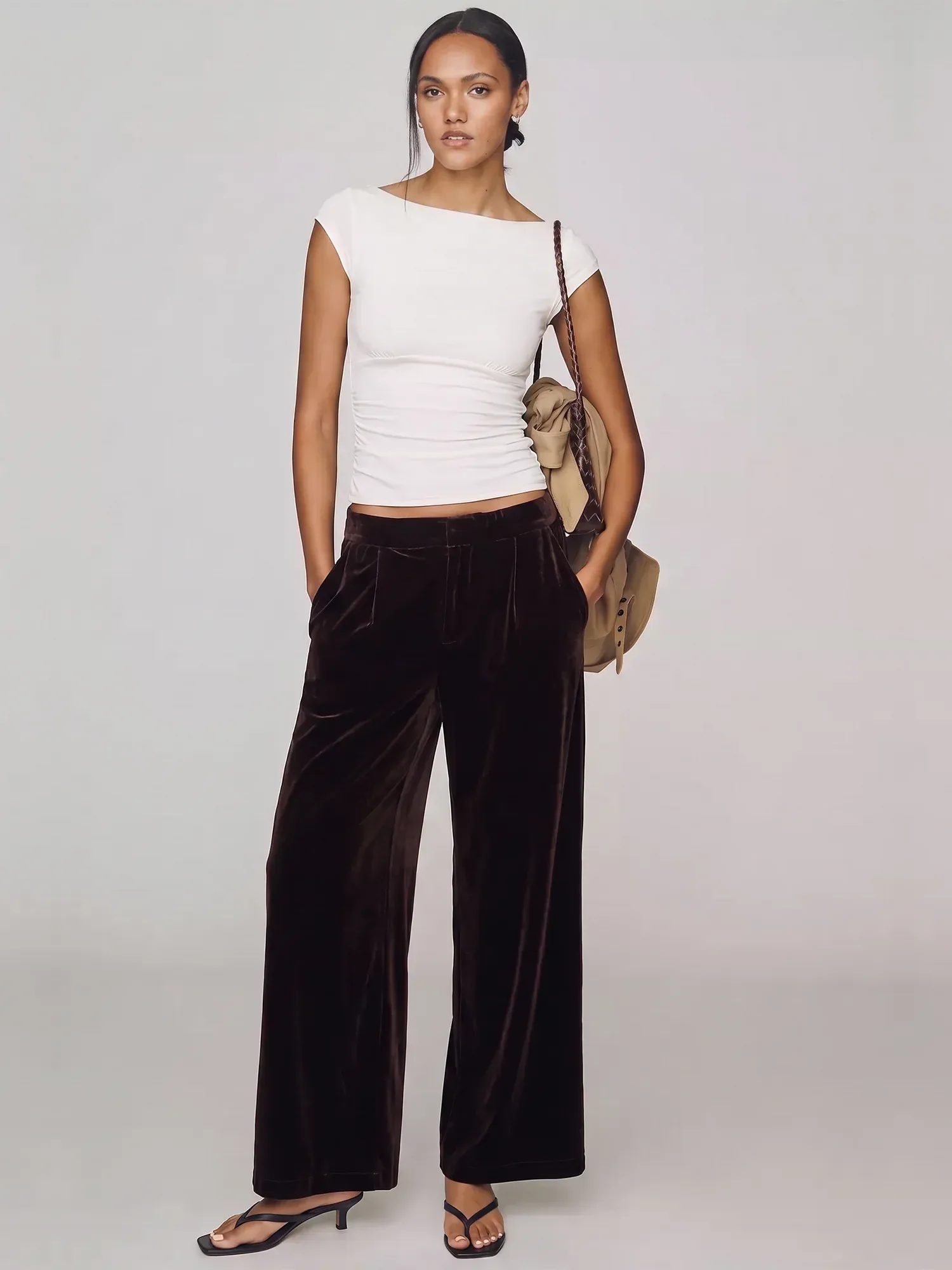Fold Detail Velvet Wide Leg Pants