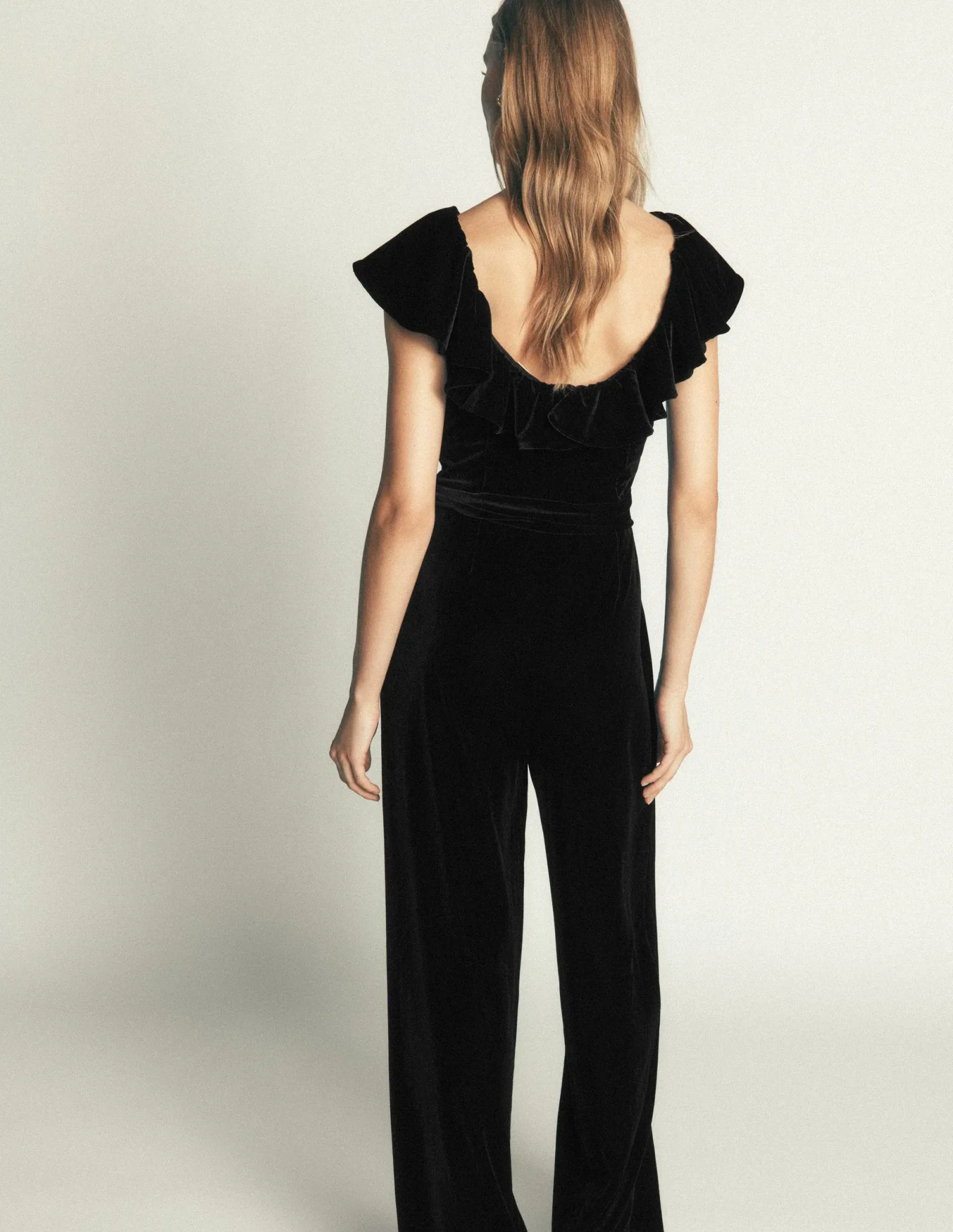 Ruffle Velvet Jumpsuit-Black