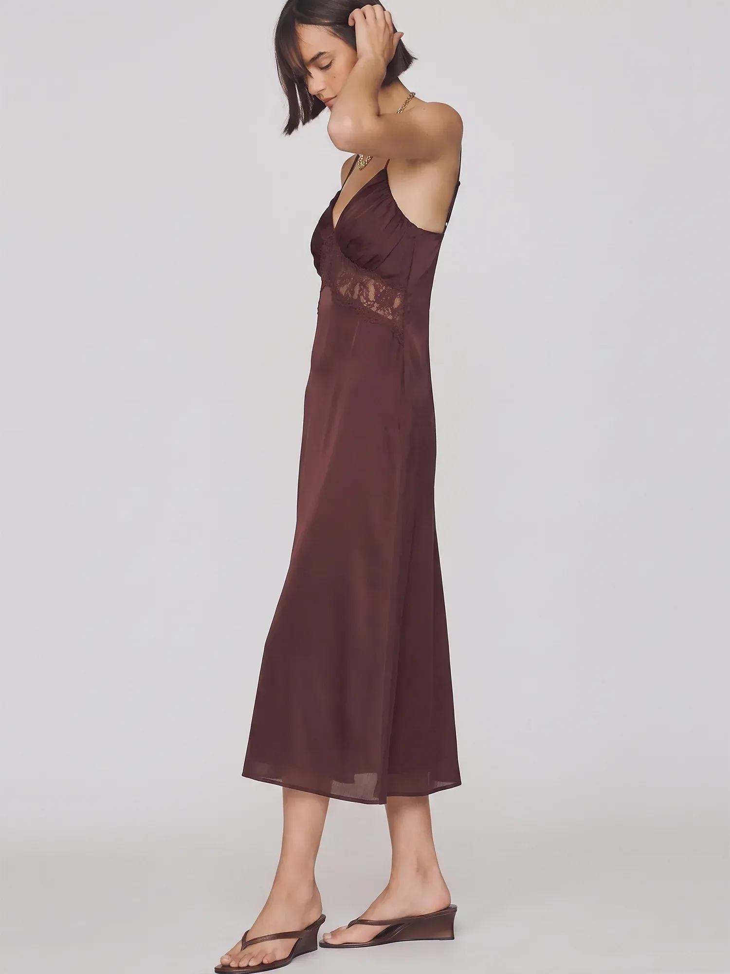 V Neck Lace In Set Detail Satin Slip Midi Dress