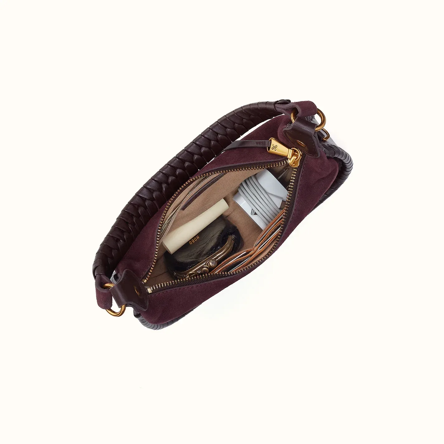 Mia Crescent Small Hobo In Suede Leather – Dark Cherry