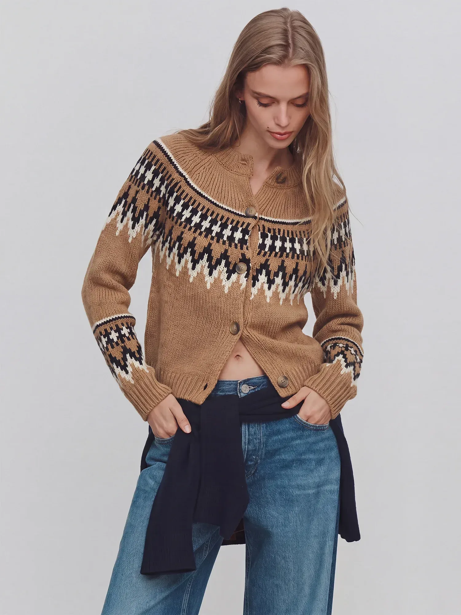 Longsleeves Fair Isle Ribbed Cuff Cardigan Sweater