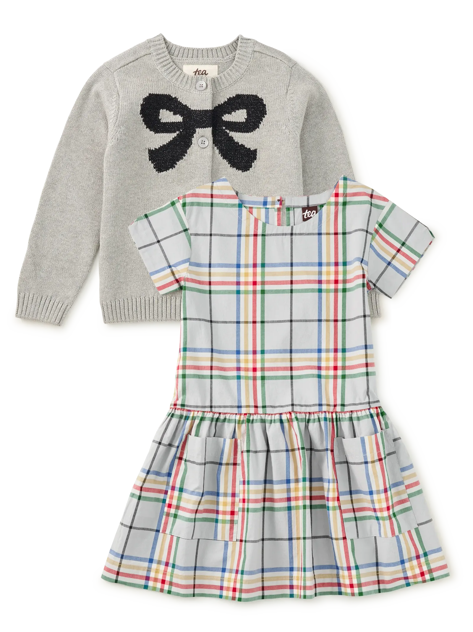 Bow Cardigan & Plaid Dress 2-Piece Set
