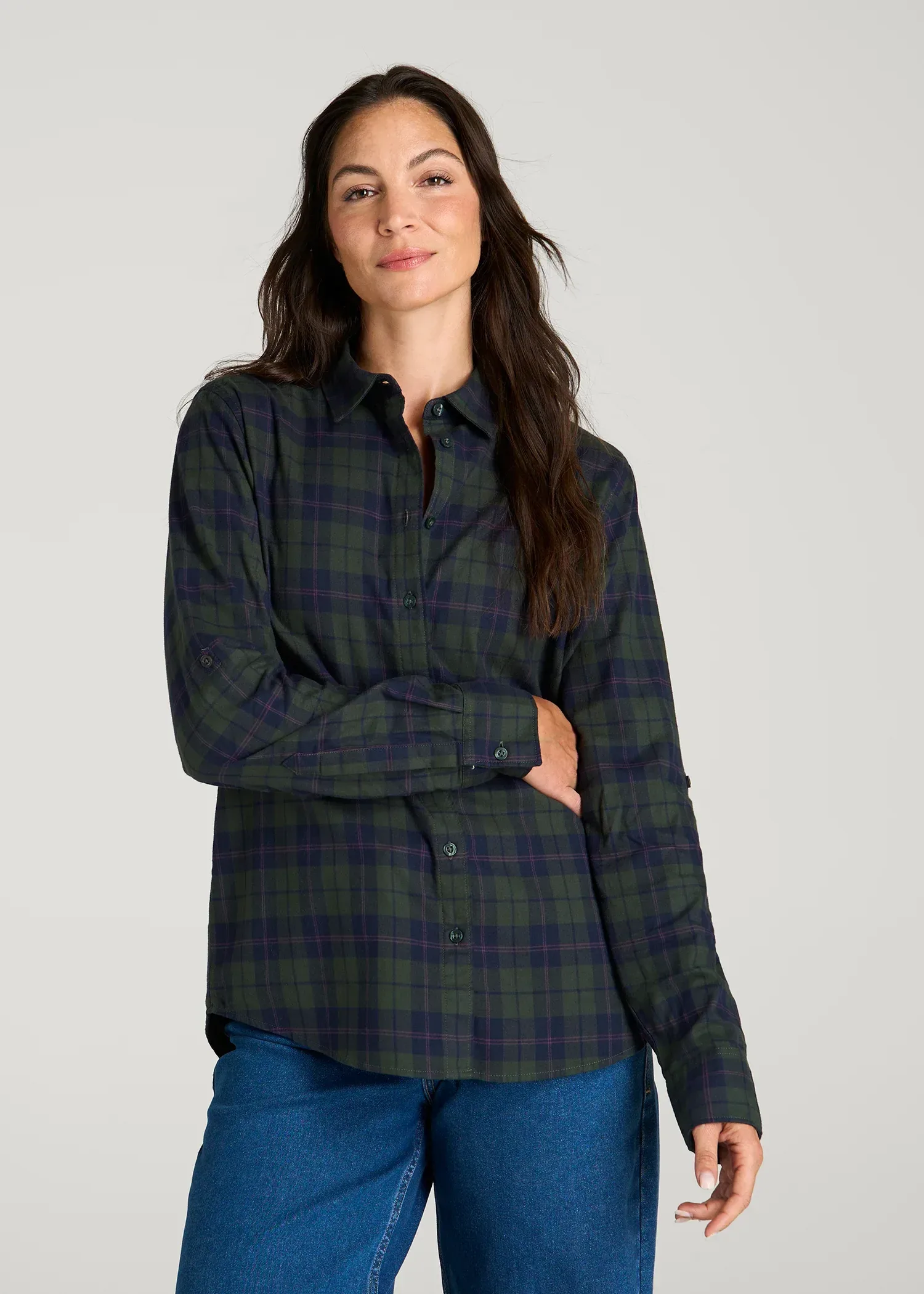 Oversized Flannel Shirt for Tall Women in Boreal Forest Plaid