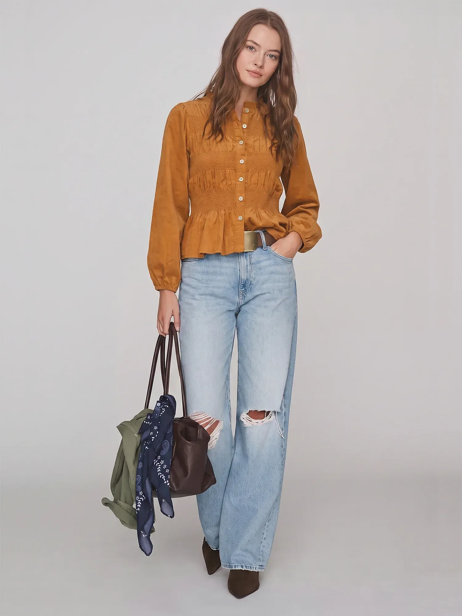 Longsleeves Button Front Textured Peplum Blouse