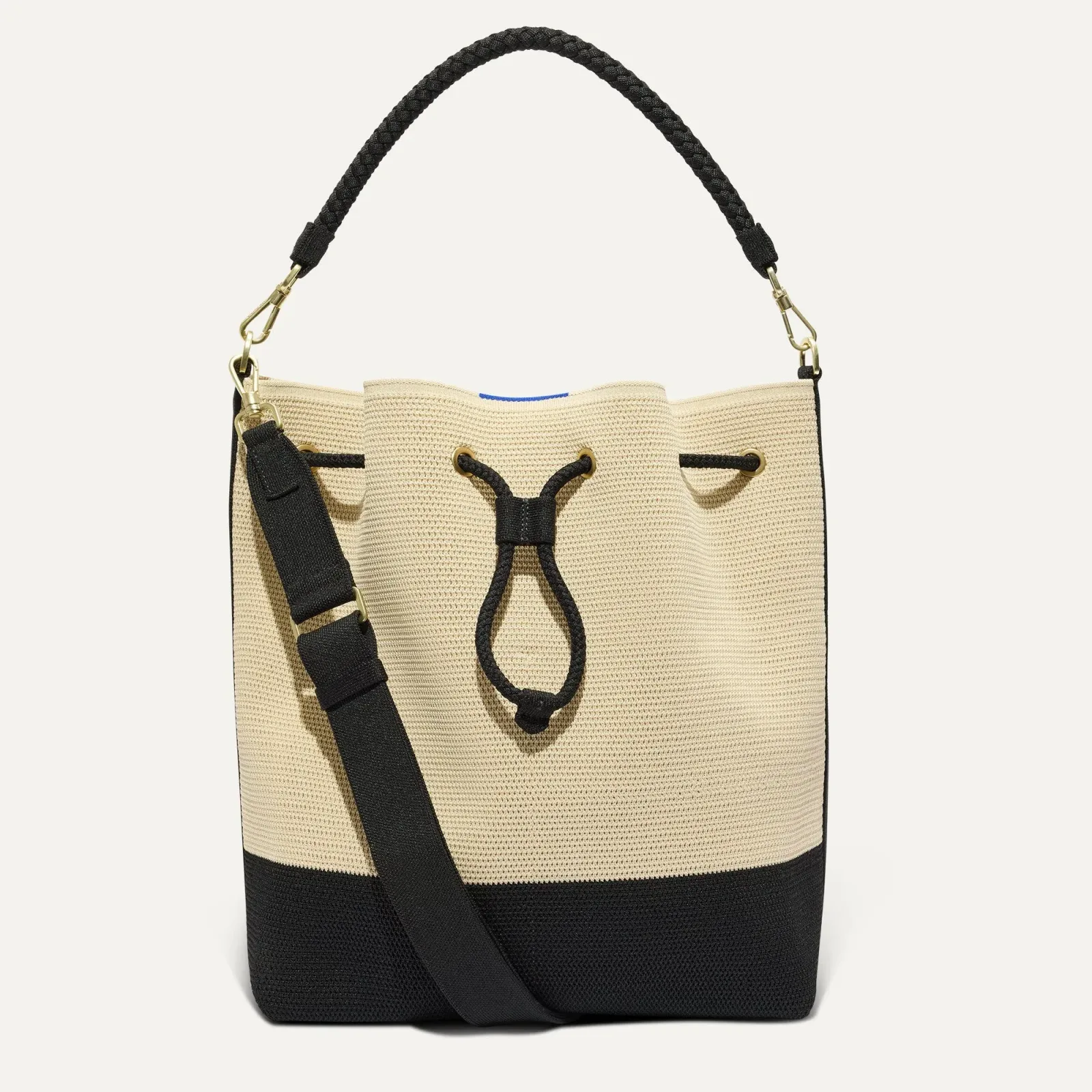 The Cinch Bucket Bag – Black and White Raffia-Knit