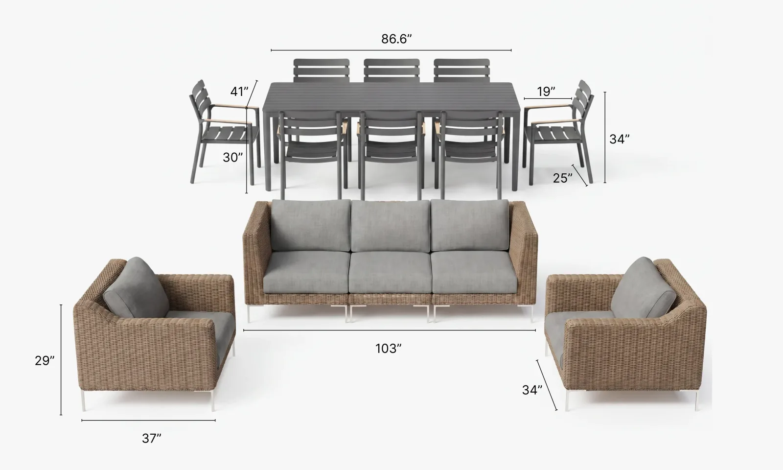 Brown Wicker Sofa + 8 Seat Aluminum Dining Set