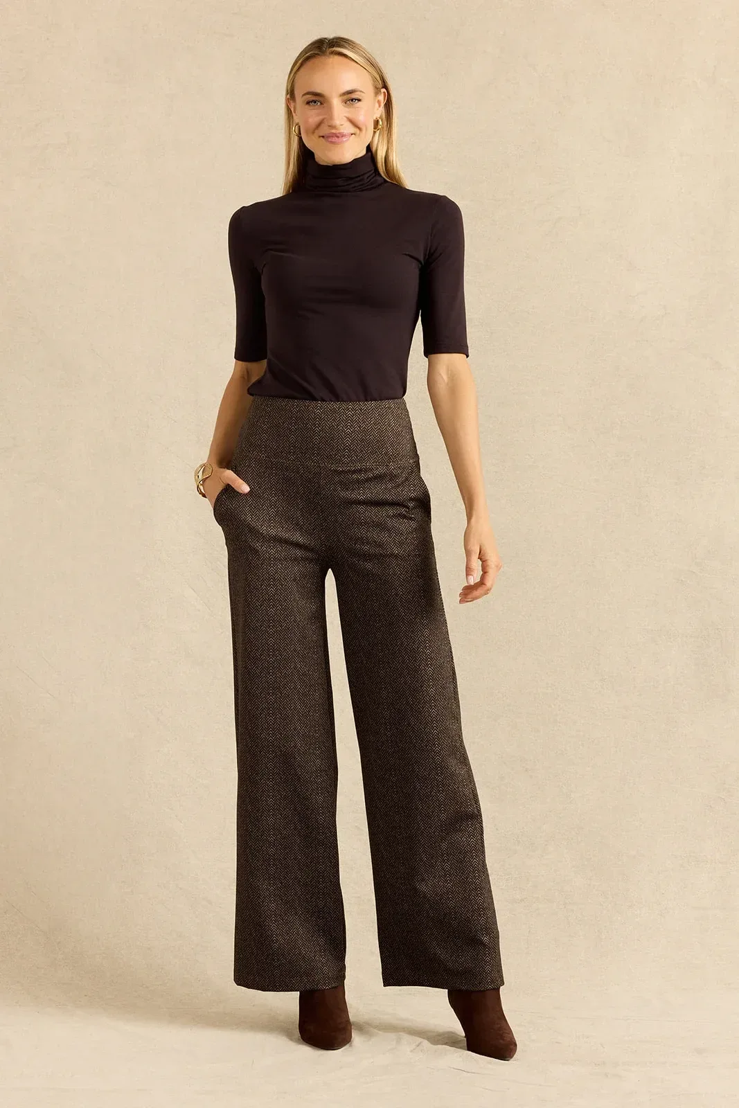 Turtleneck Elbow Sleeve Tee: Sable Brown