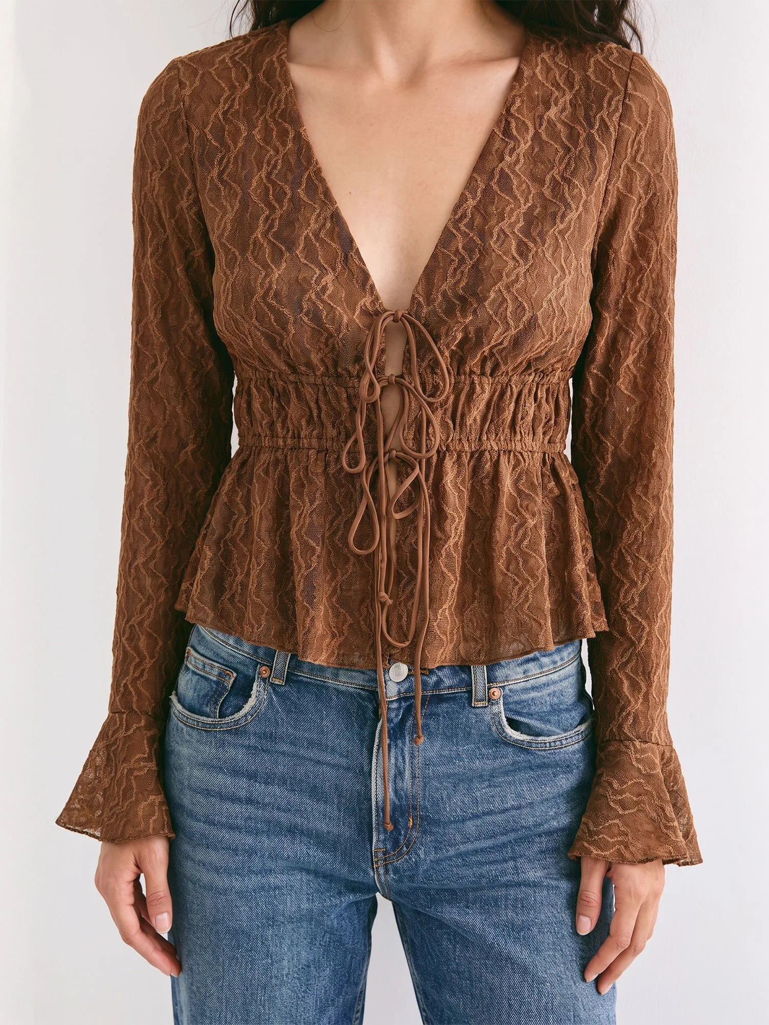Longsleeves Lace Tie Blouse