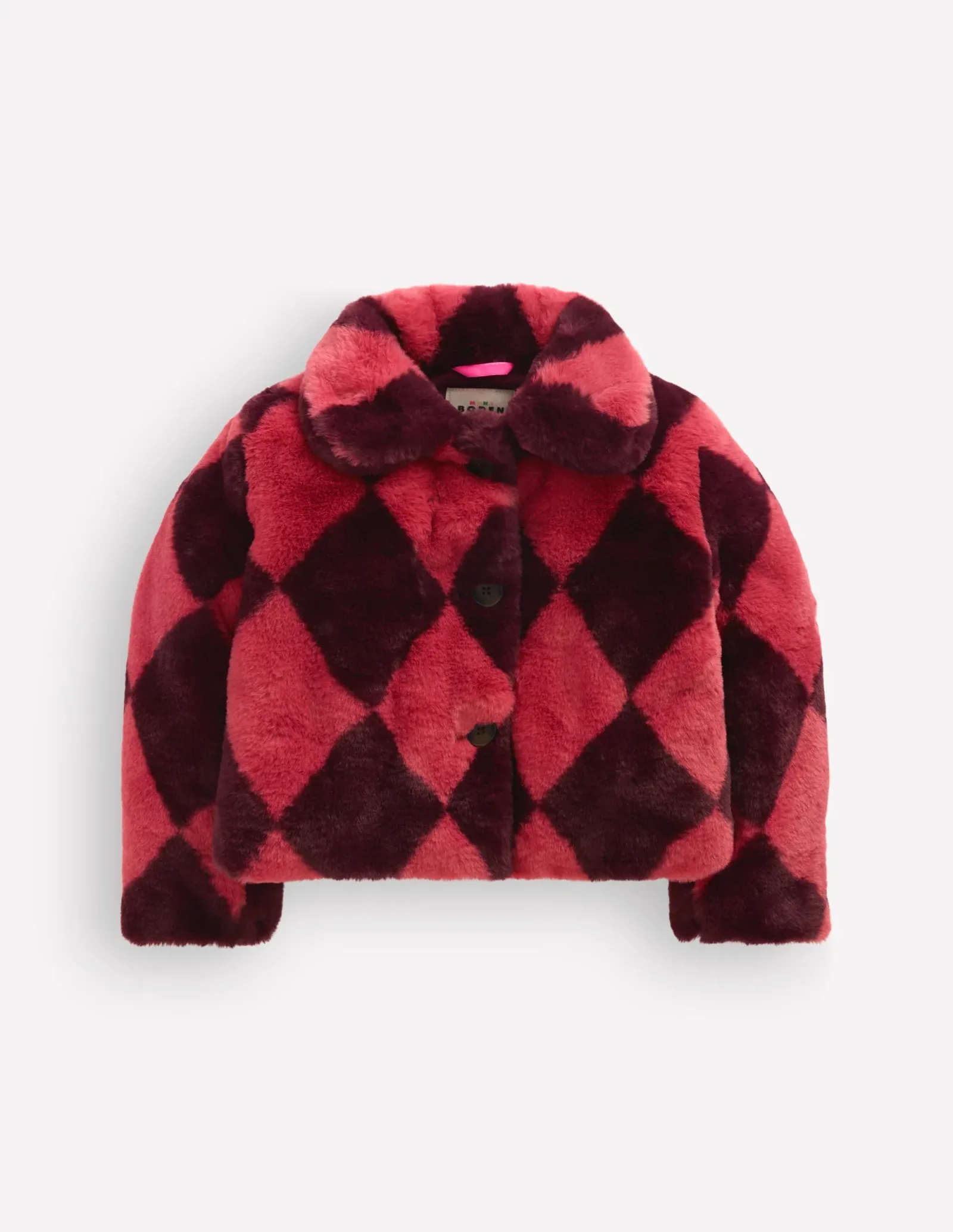 Cropped Faux Fur Jacket-Pink Argyle