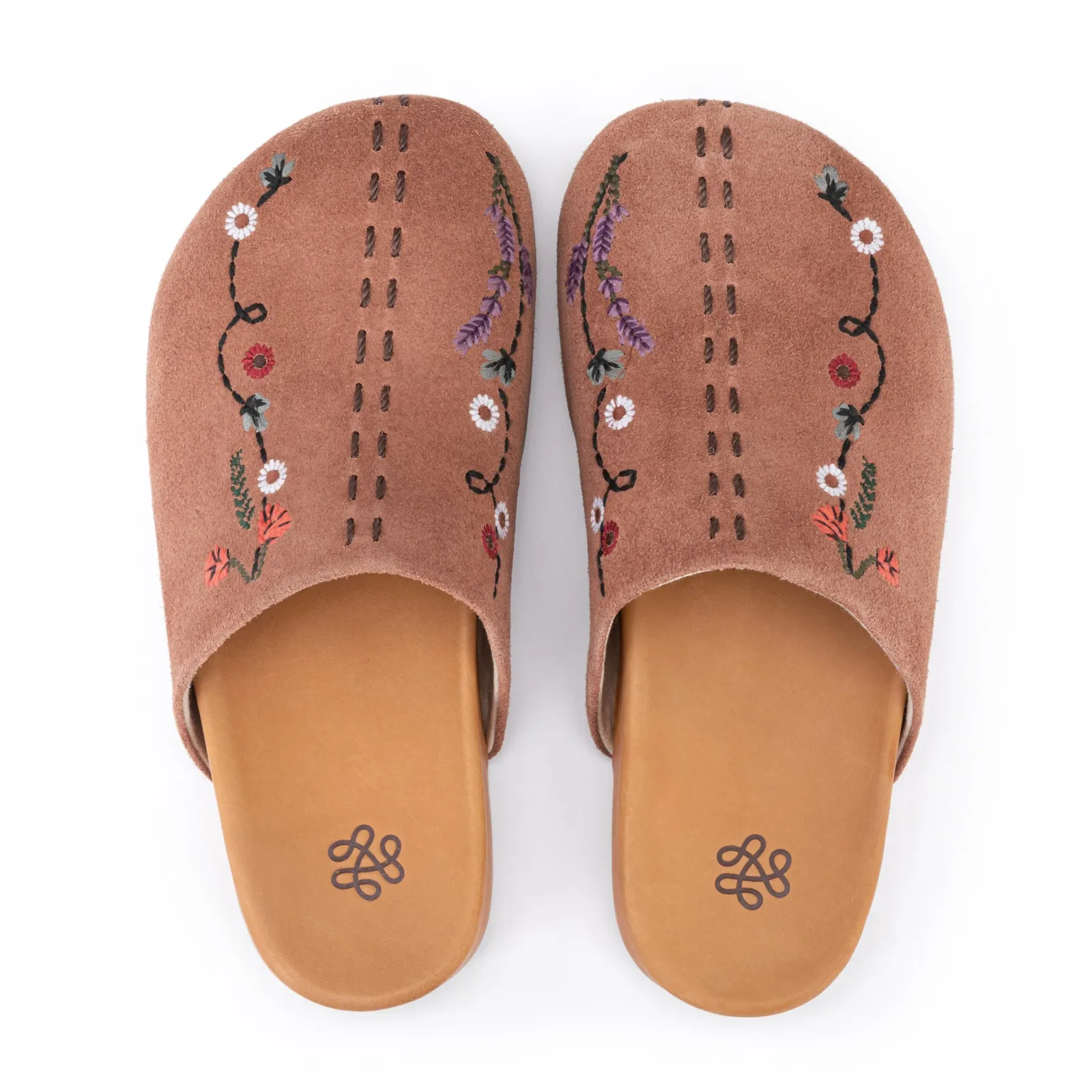 Bolinas Clog – Leather – Tobacco Suede Whimsy Floral Embroidery