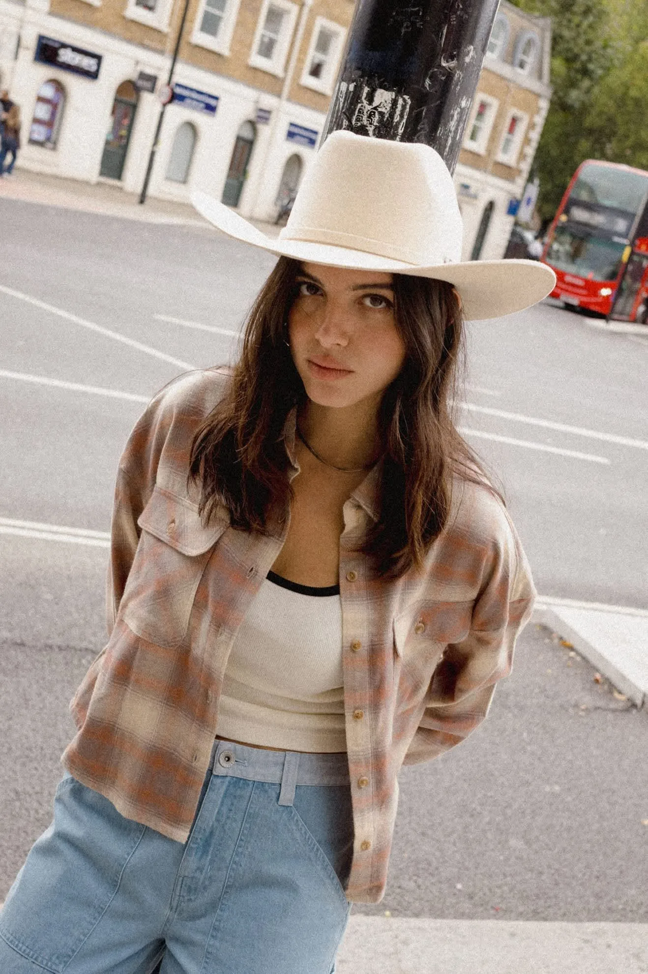 Bowery Crop Women's Overshirt – Soft Tan Window Plaid
