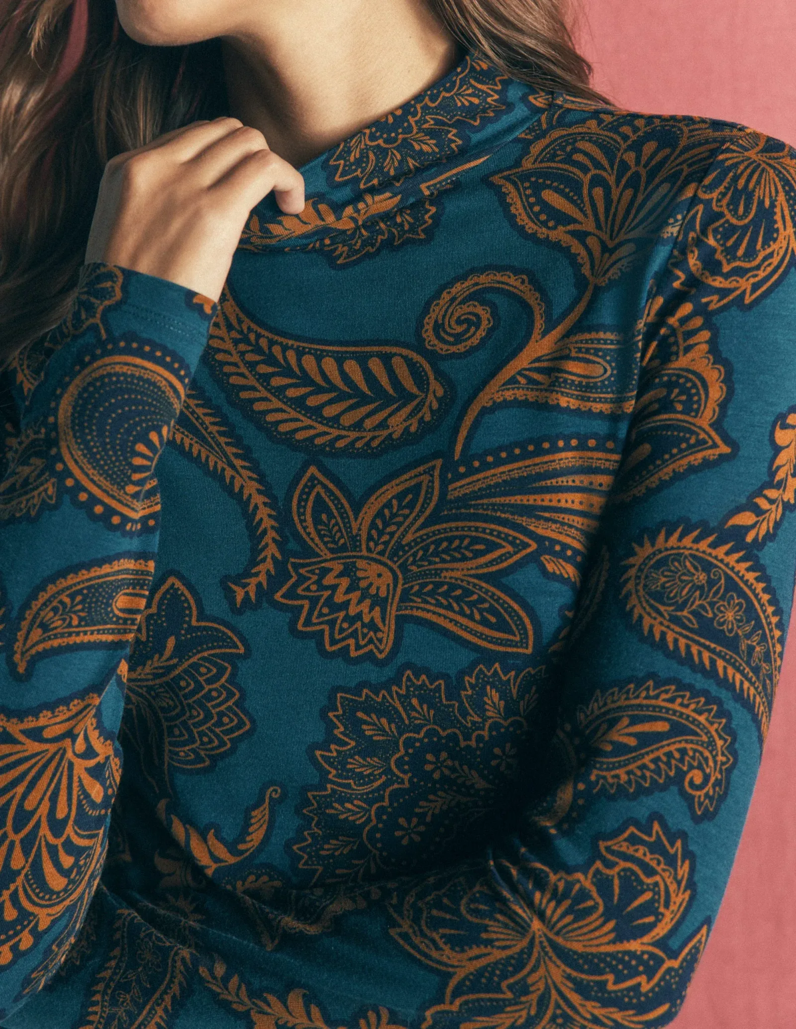 High Neck Jersey Top-Legion Blue, Paisley Bouquet