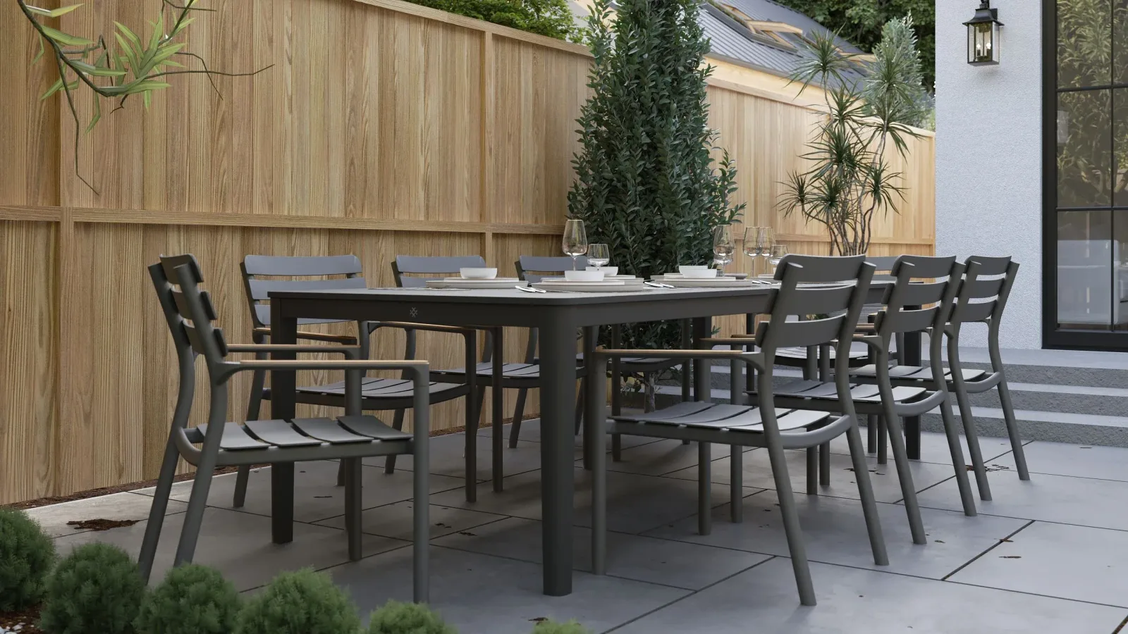 OuterStone Outdoor Dining Table + 2 595 Armchairs + 3 595 Armless Chairs + Aluminum Dining Bench