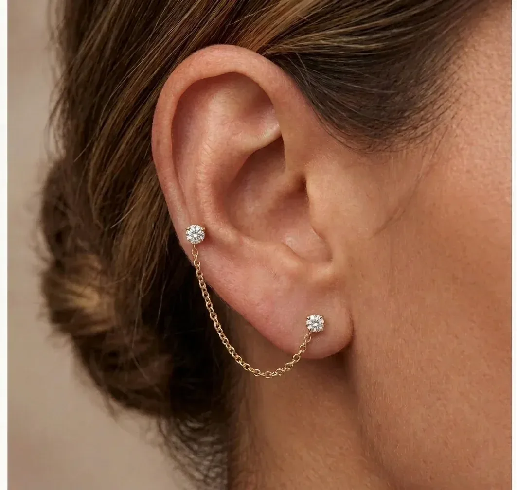 14k 3 Prong Double Diamond Stud Chain Earrings