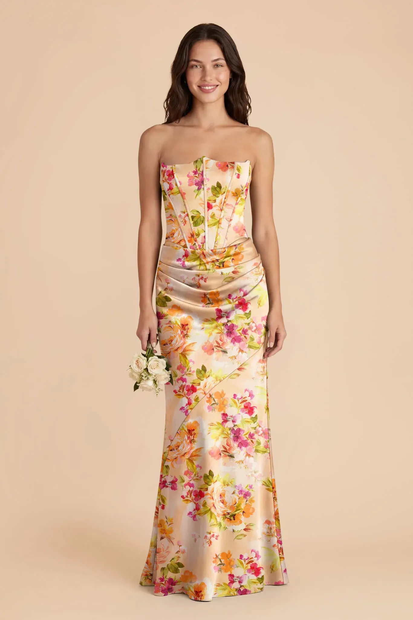 Billie Matte Satin Dress – Coral Sunset Peonies
