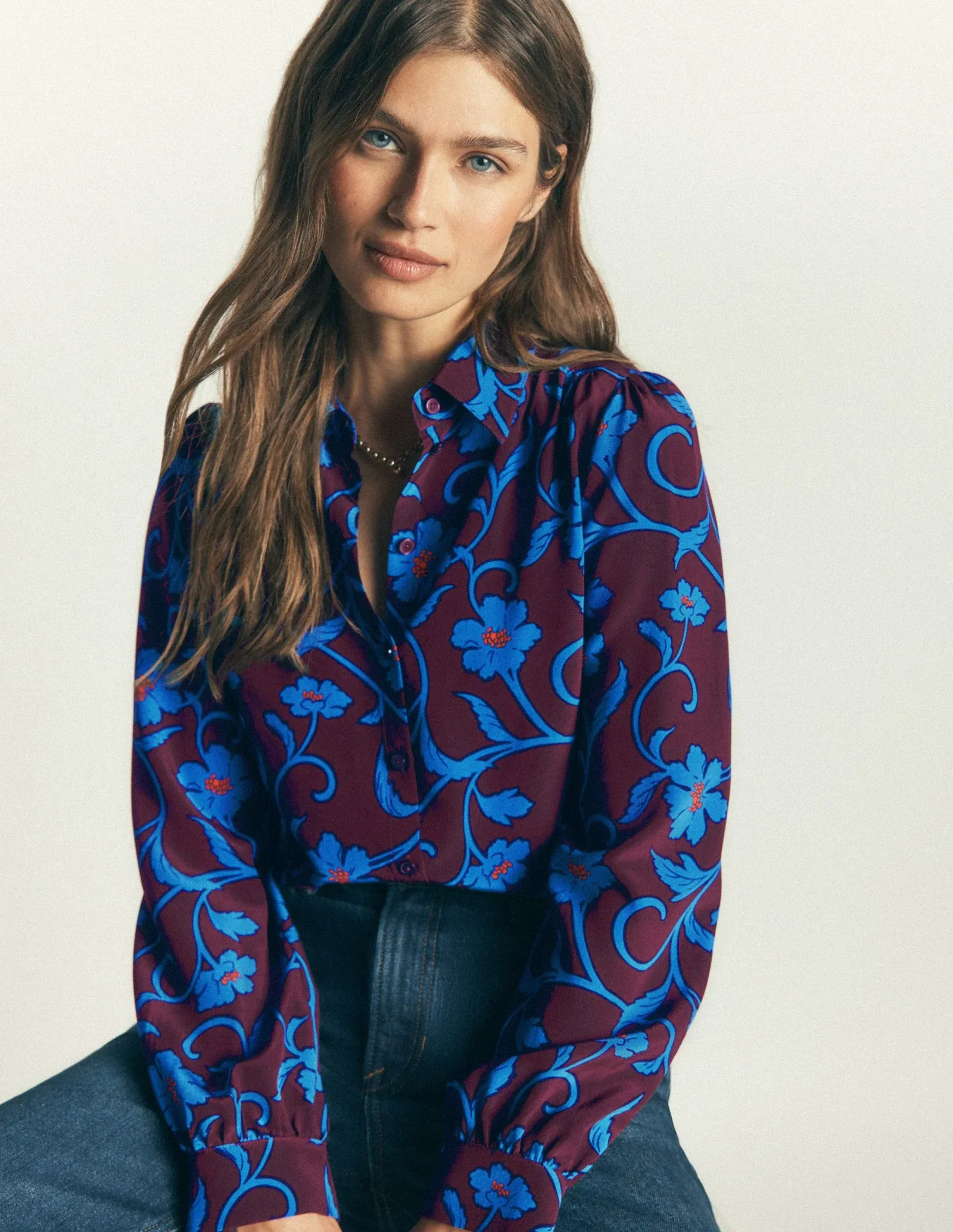 Sara Silk Shirt-Dark Cherry, Entangled Posy