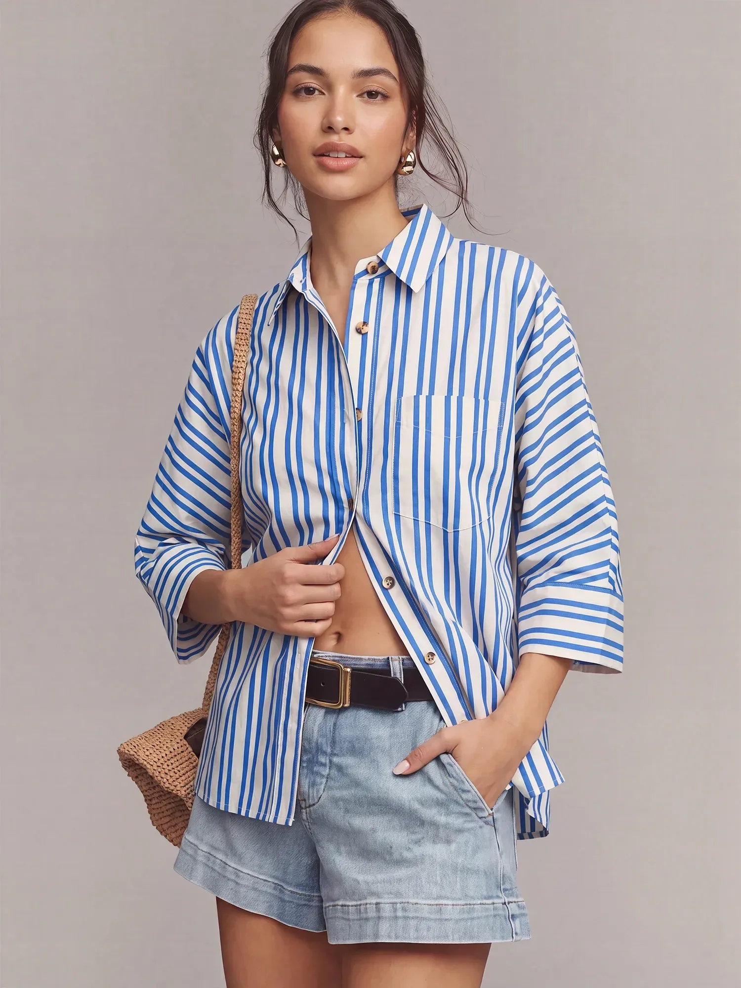 Lapel Collar Oversize Stripe Shirt