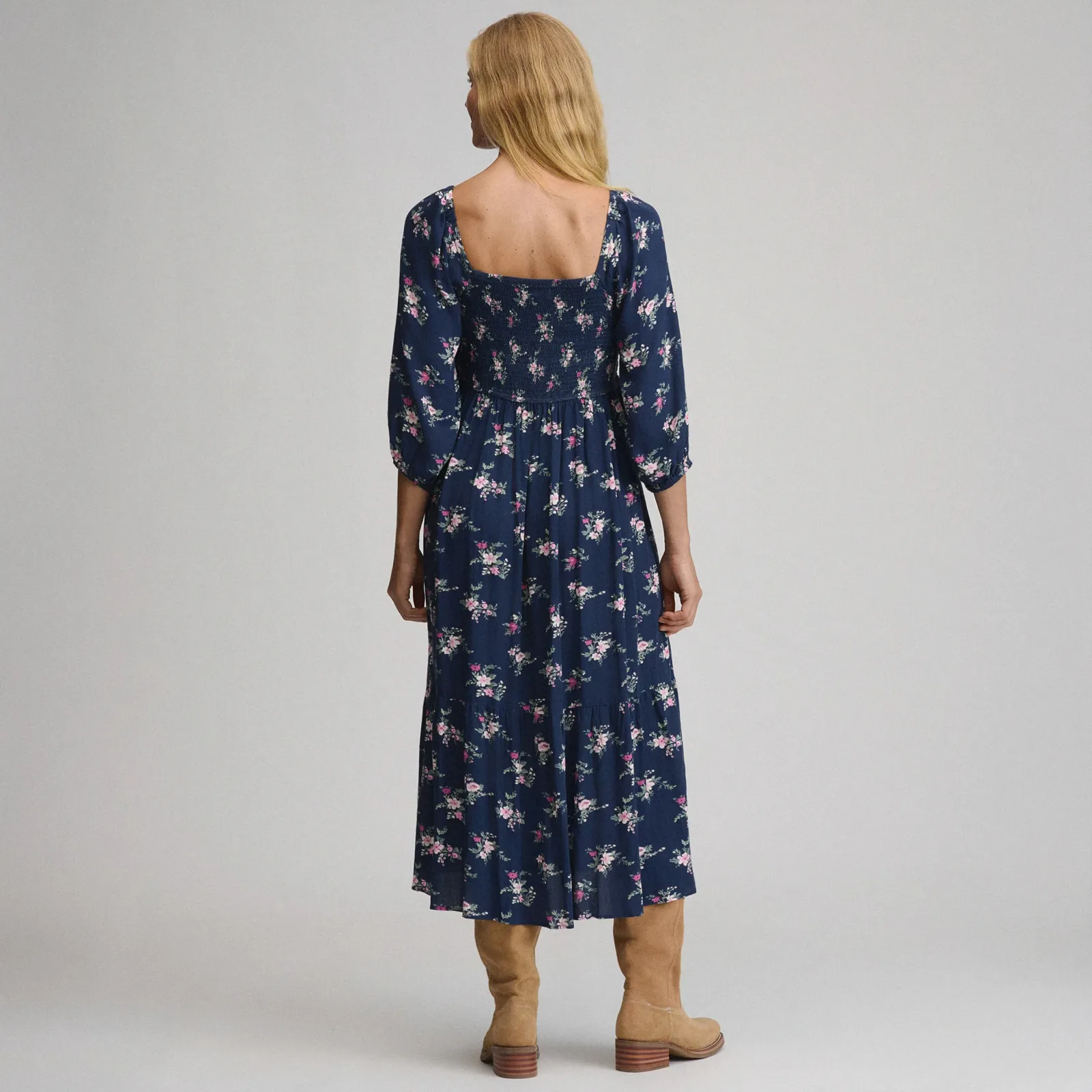 Women's Printed 3/4 Sleeve Smocked Bodice Dress