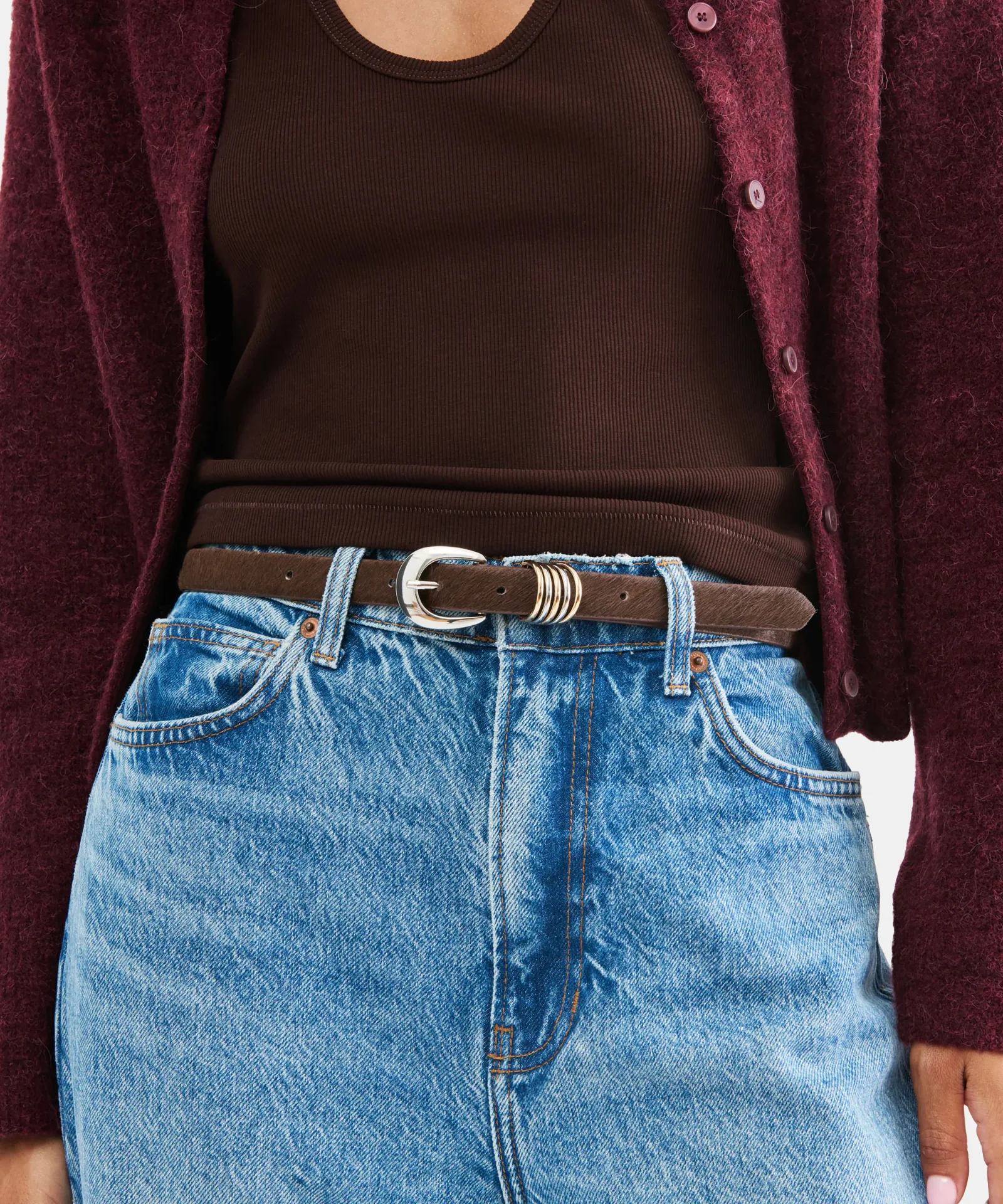 Crescent Buckle Mixed Metal Belt Chestnut Calf Hair