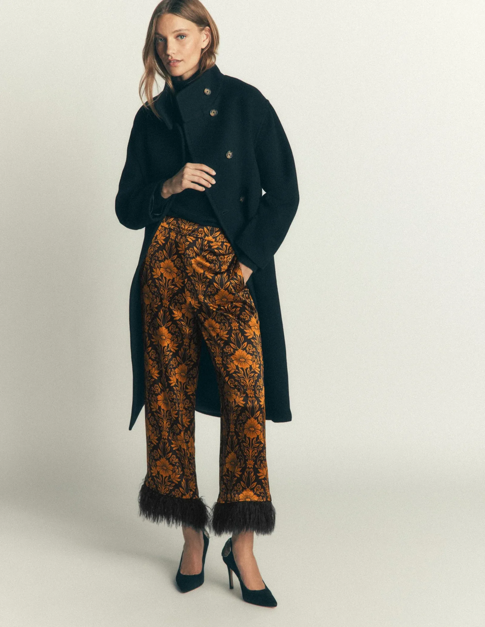 Feather Trim Pants-Flourishing Sprig