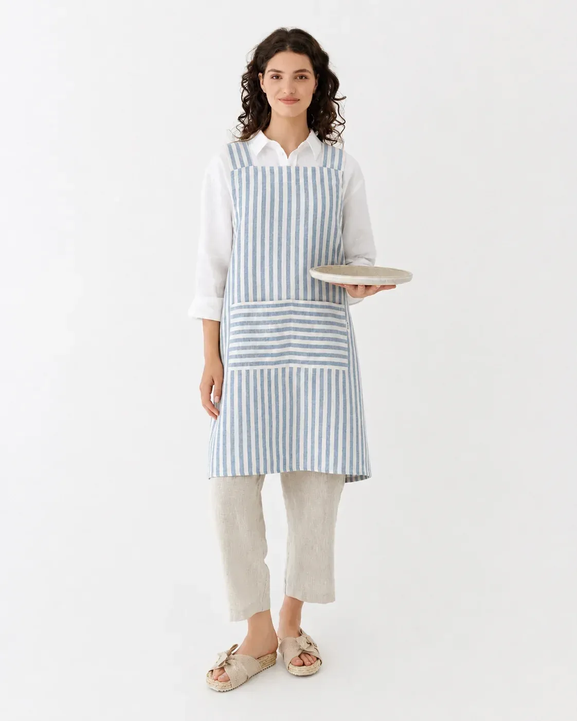 Striped in blue Pinafore cross-back linen apron