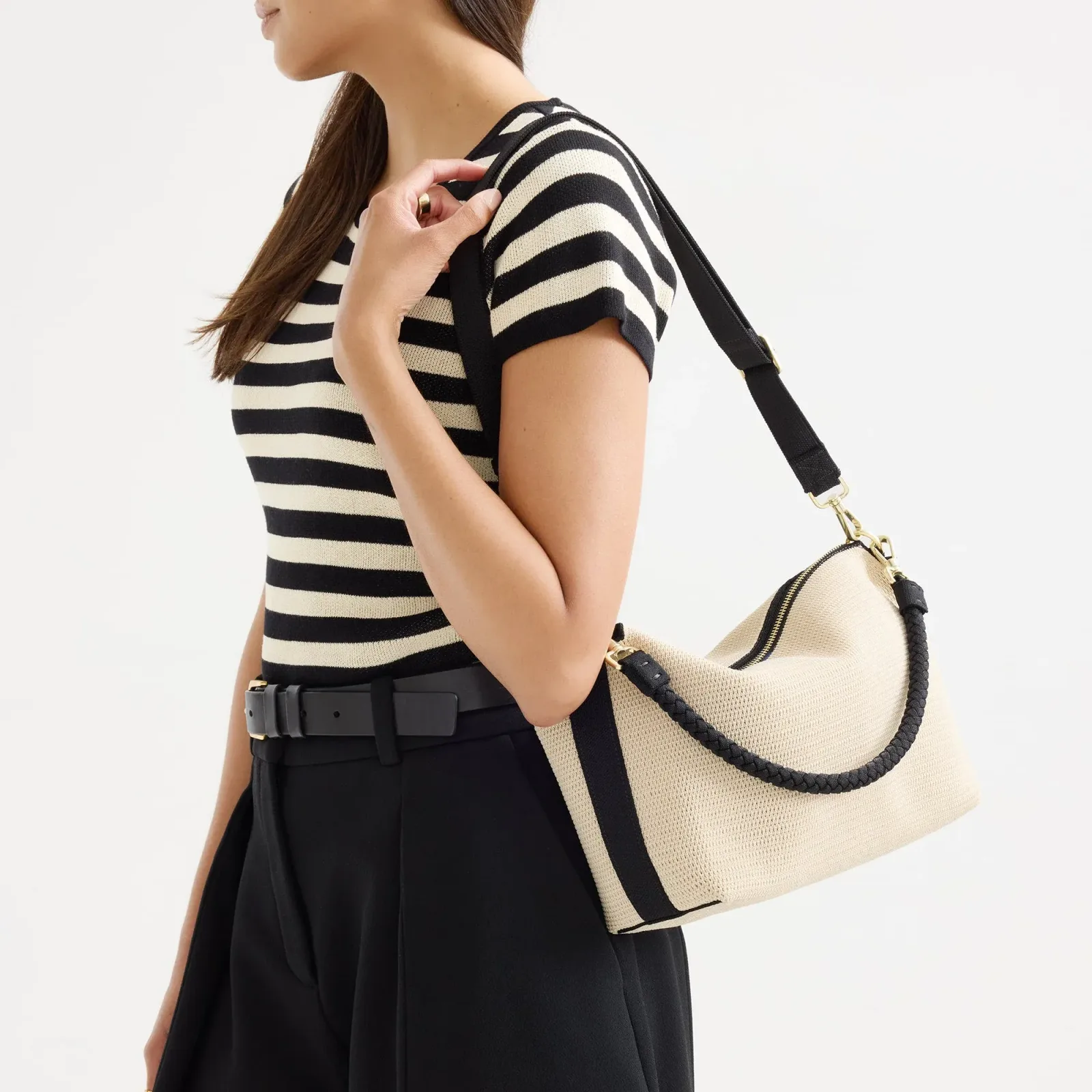 The Daily Crossbody – Black and White Raffia-Knit