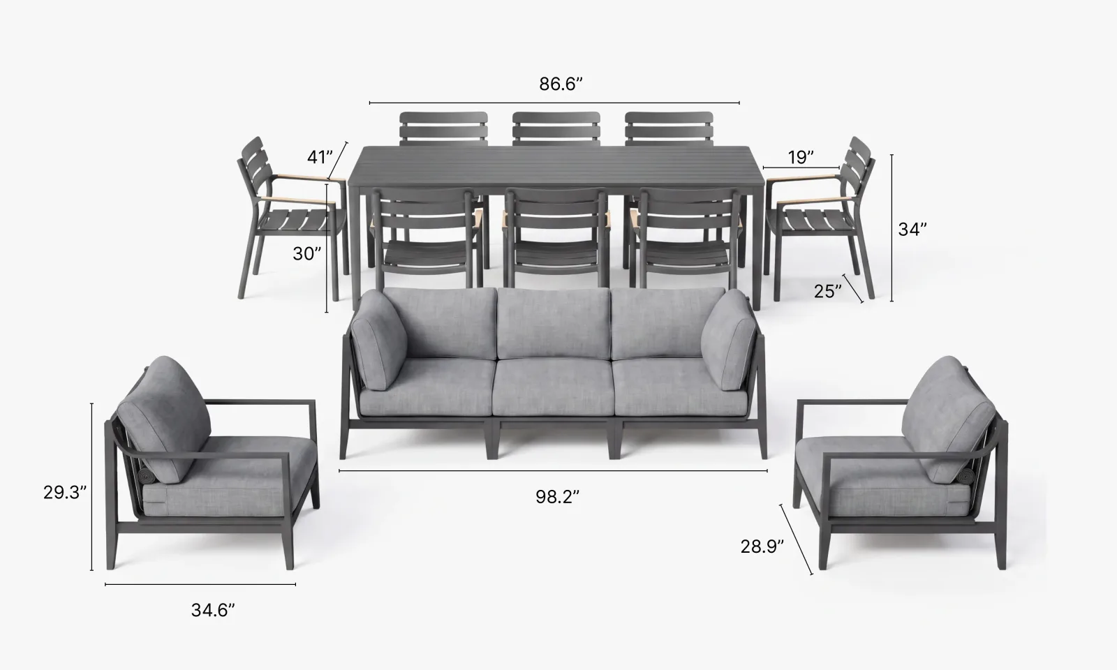 Charcoal Aluminum Sofa + 8 Seat Dining Set
