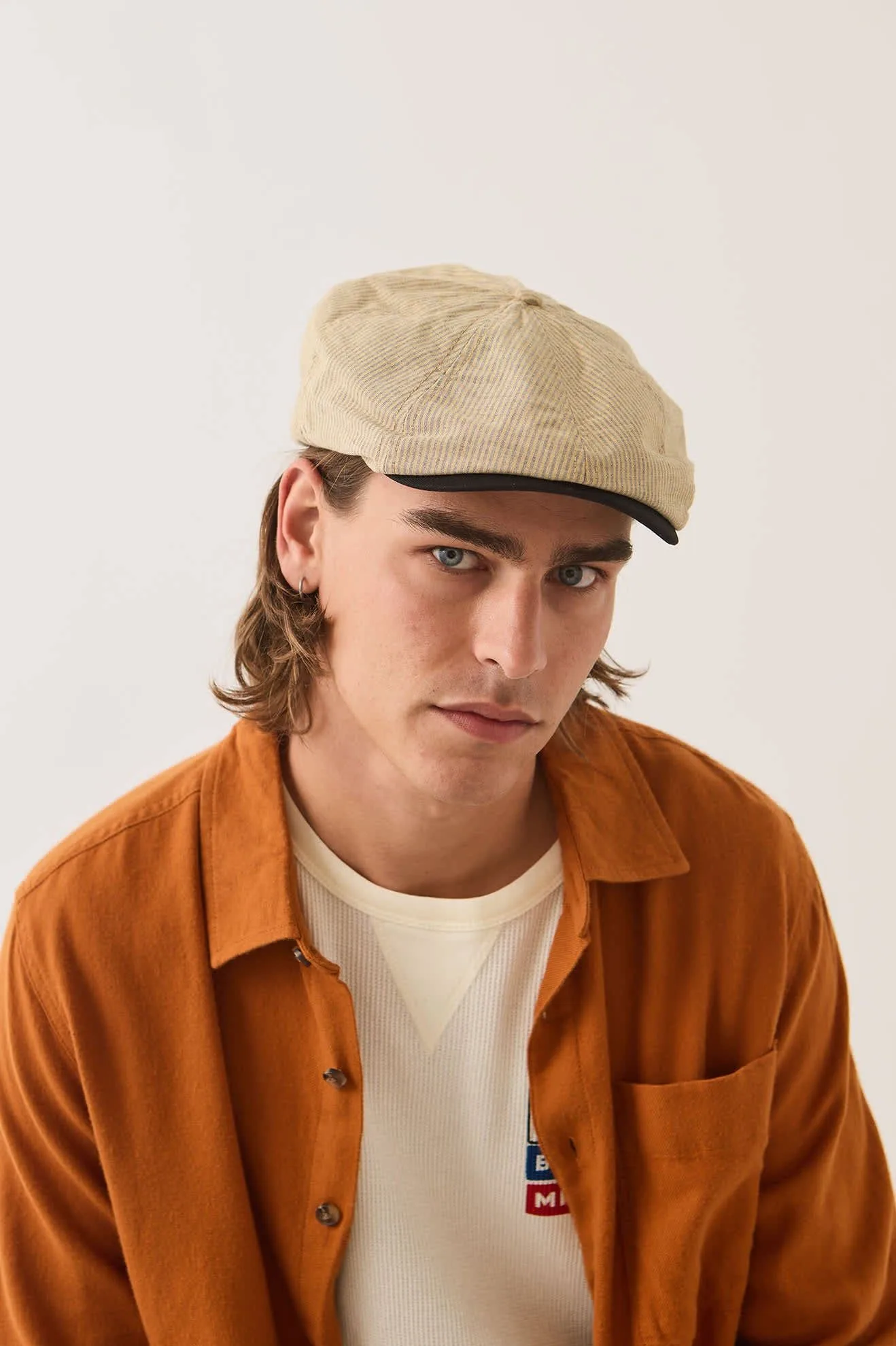 Hooligan Flat Cap – Khaki Stripe/Washed Black