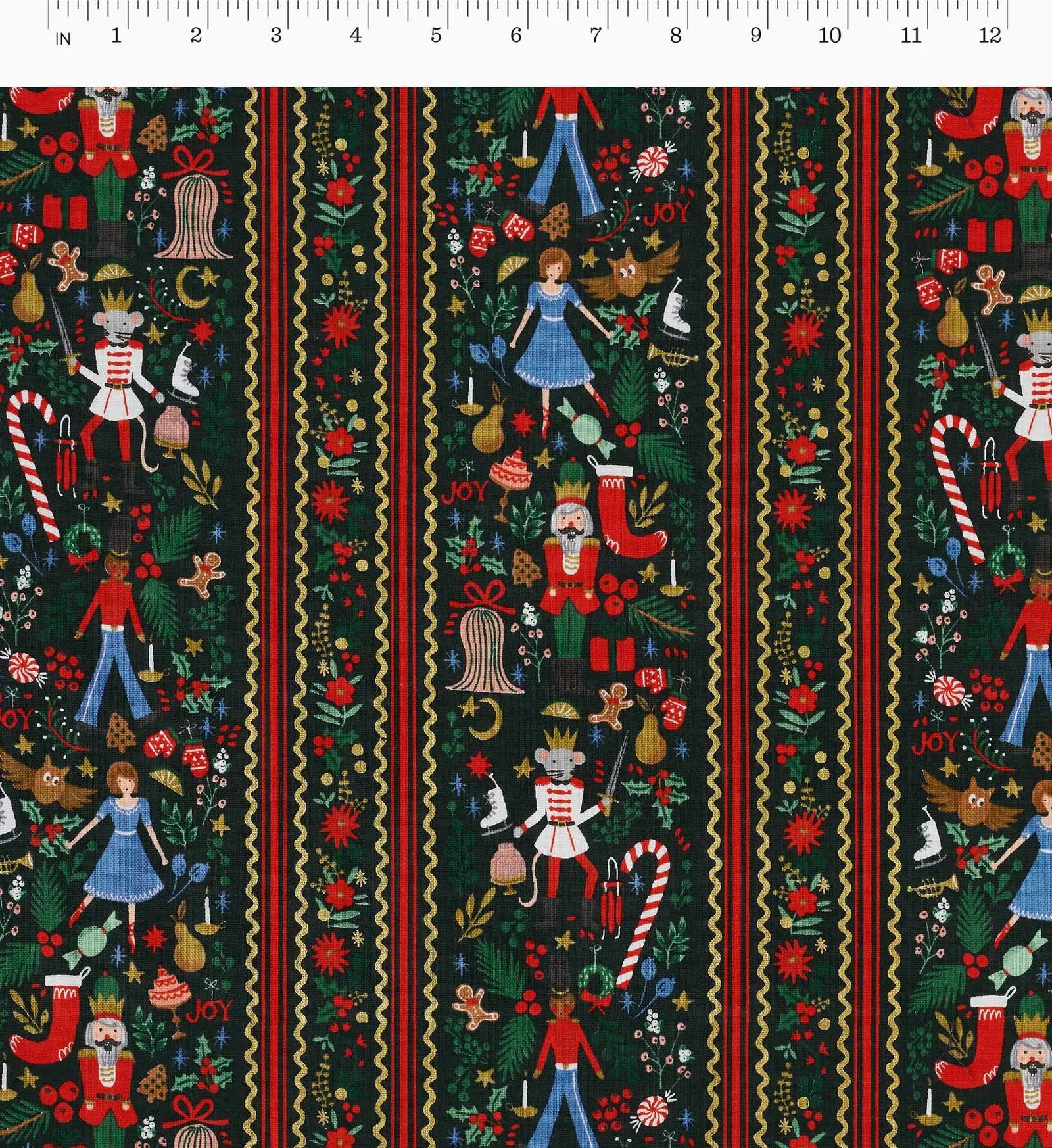 Holly Jolly Nutcracker Cotton Metallic Fabric – Evergreen and Gold