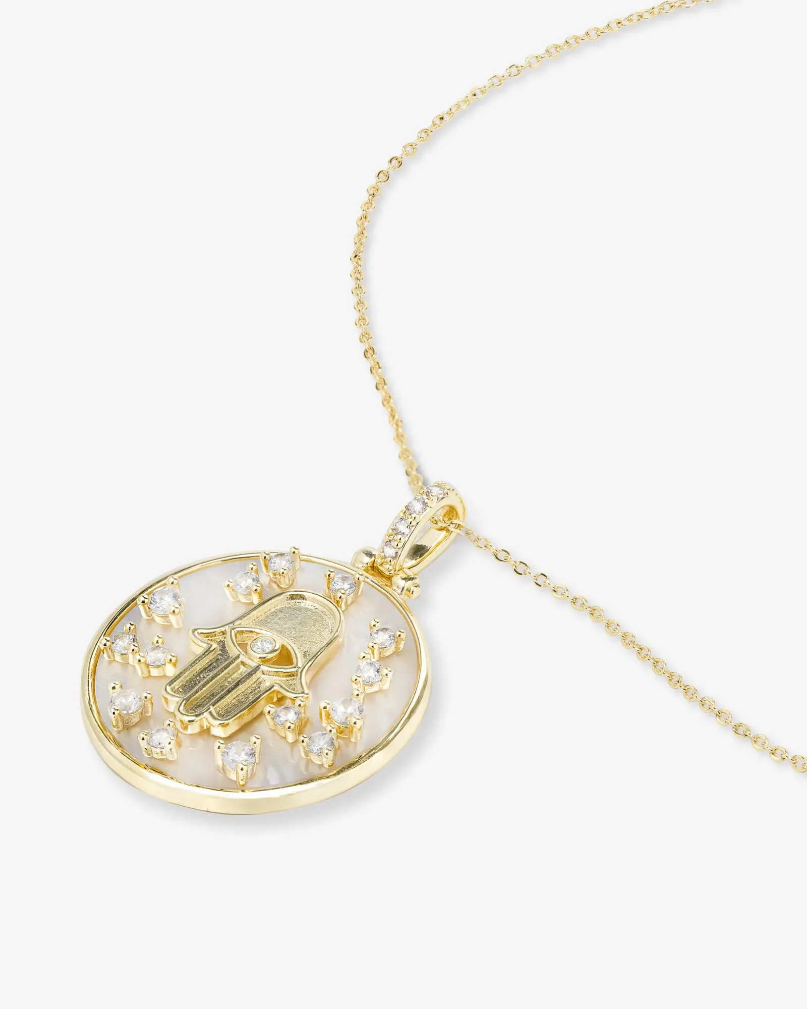 Hamsa Medallion Necklace – Gold|White Diamondettes