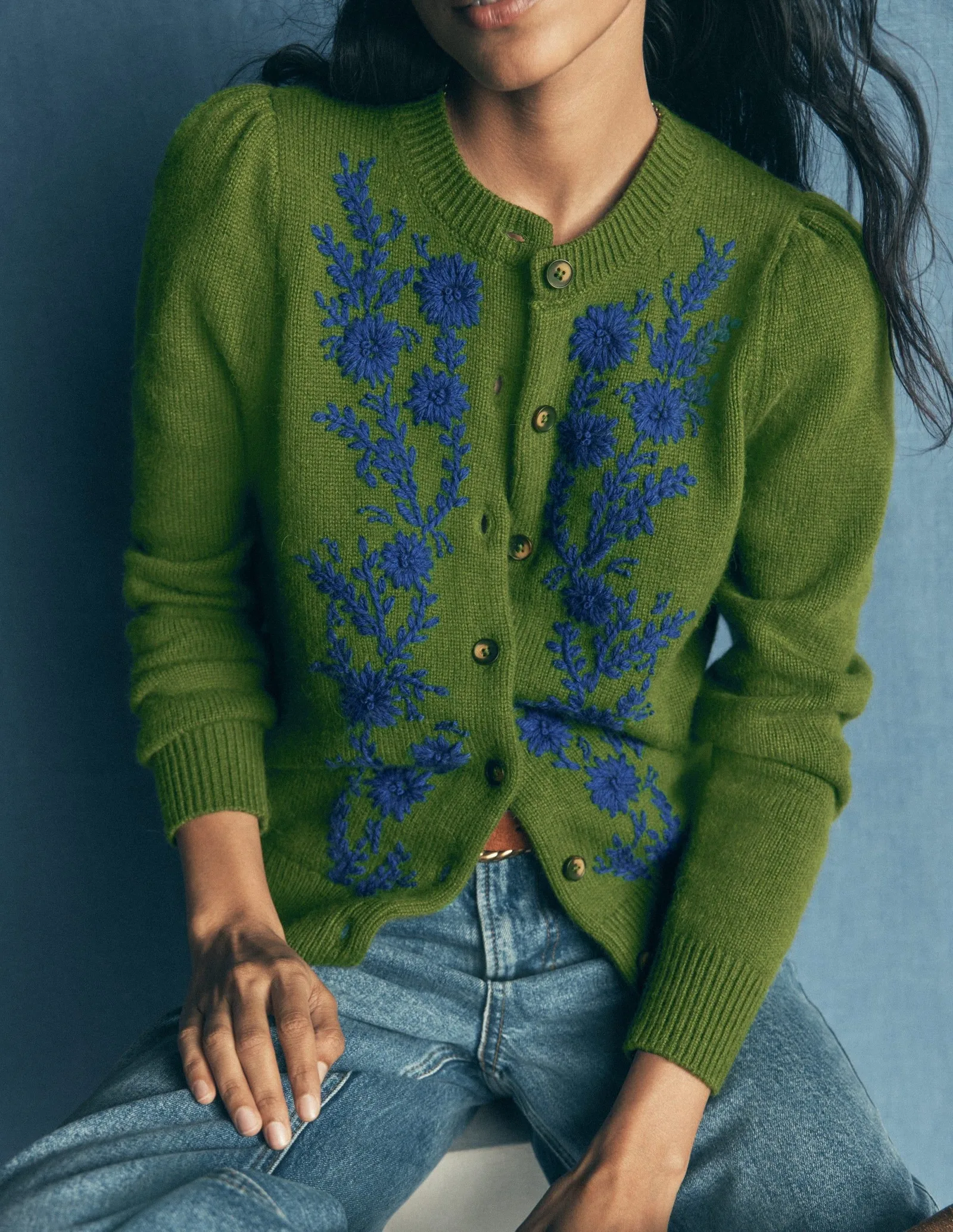 Embroidered Knitted Cardigan-Chive