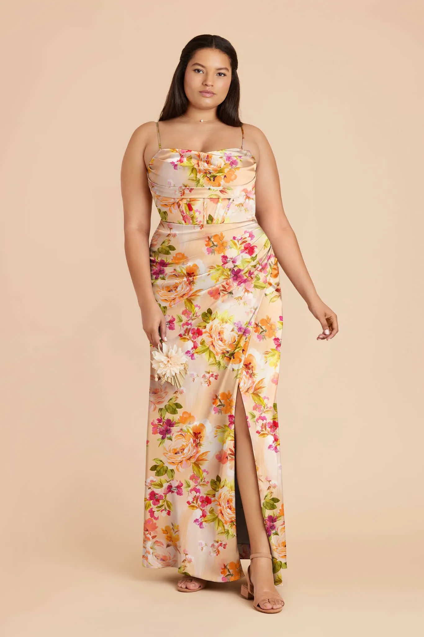 Carrie Matte Satin Dress – Coral Sunset Peonies