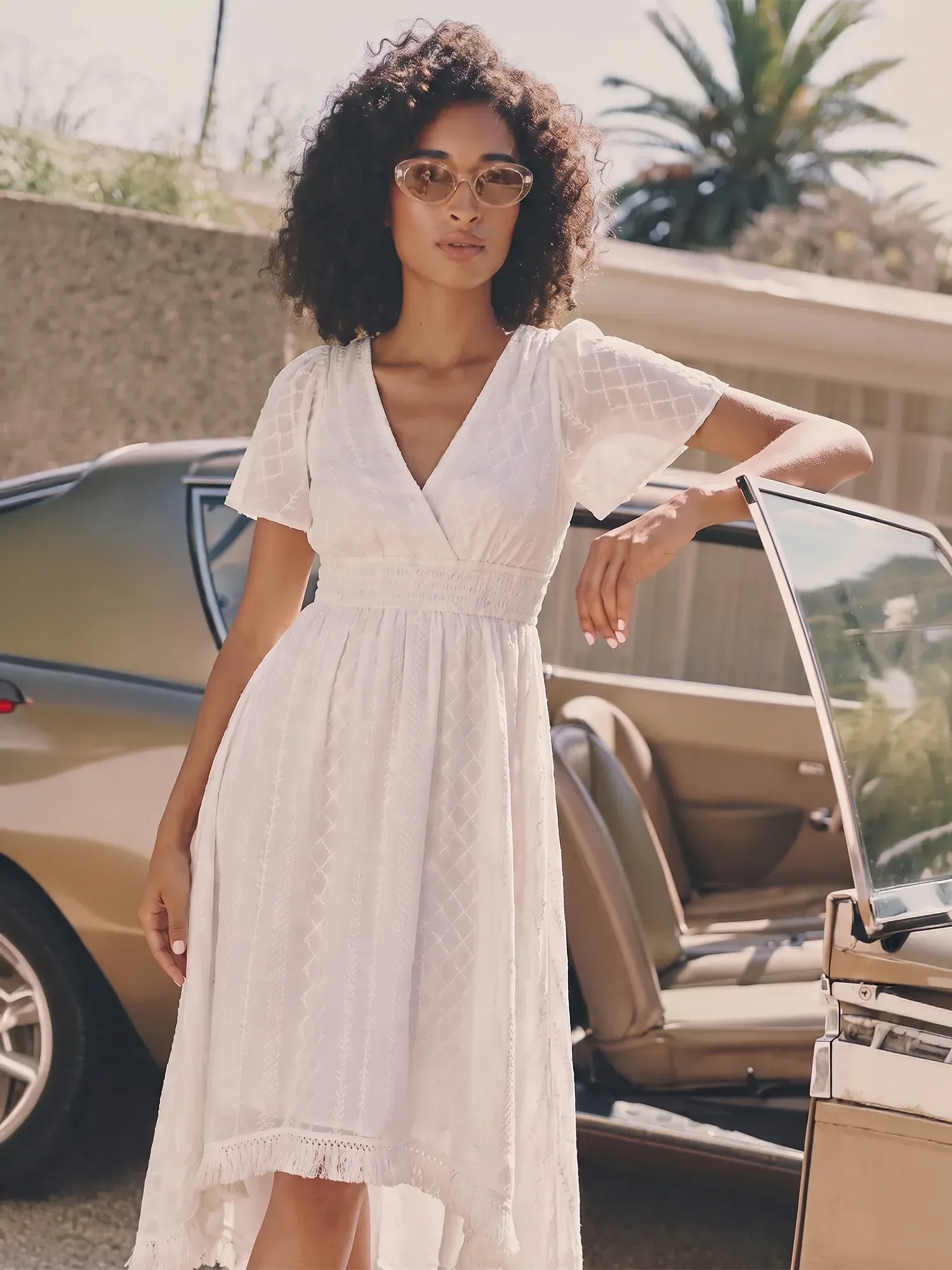 Cap Sleeve Surplice Bodice High Low Midi Dress