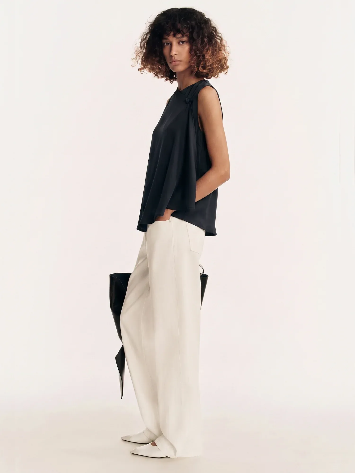 Aysmmetric Drape Neck Satin Top