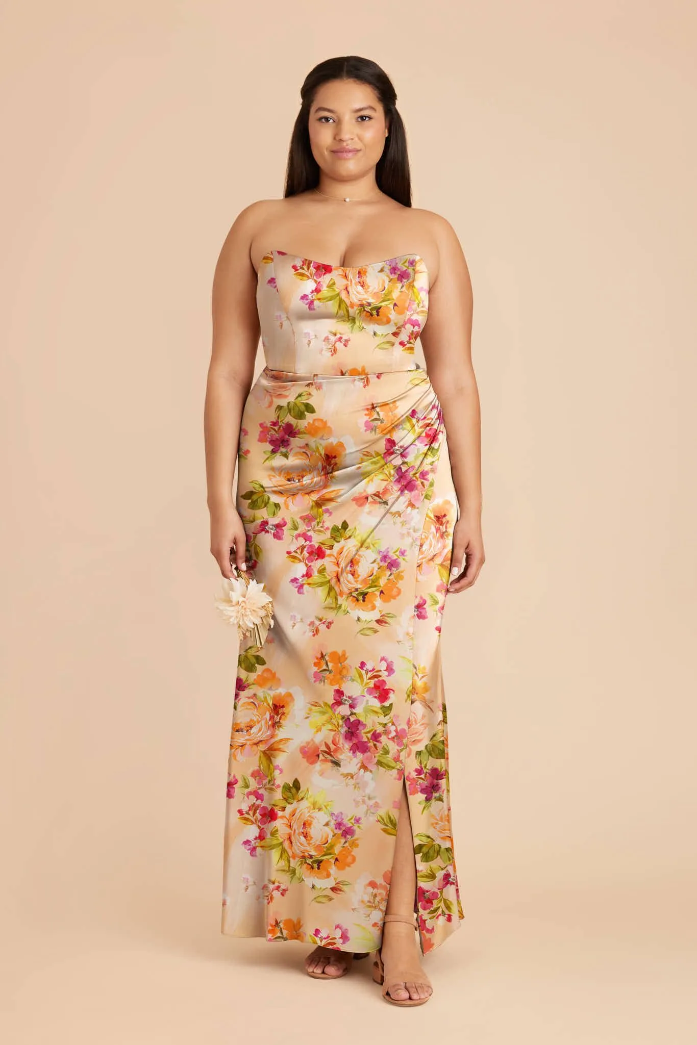 Anne Matte Satin Dress – Coral Sunset Peonies