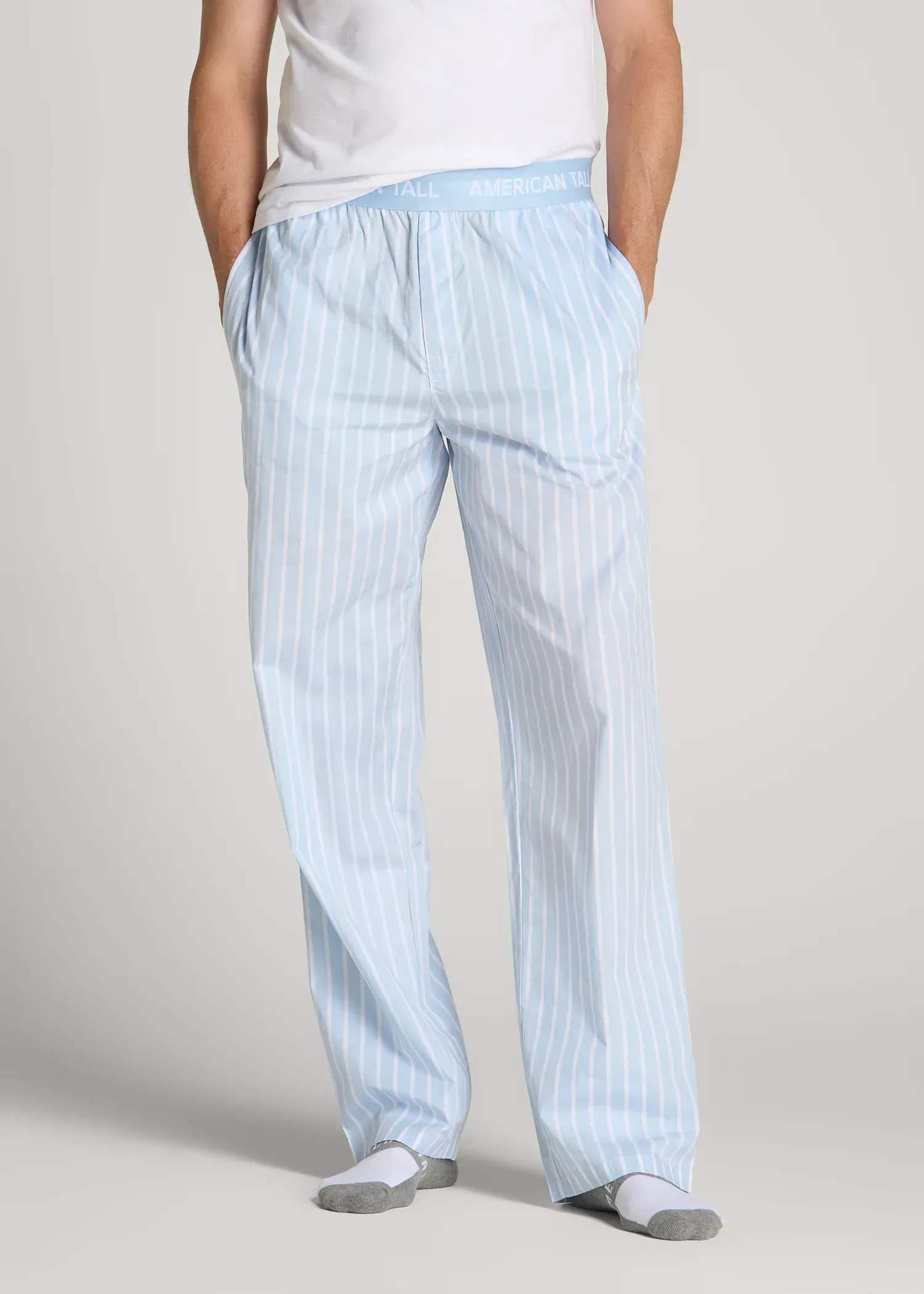 Cotton Poplin Pajama Pants for Tall Men in Blue Stripe