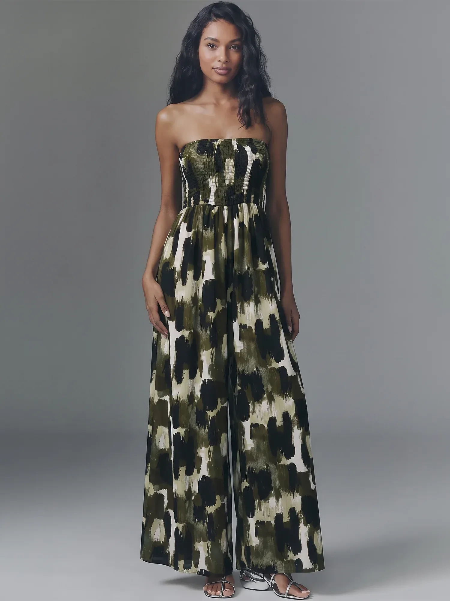 Strapless Smocked Bodice Abstratc Print Jumpsuit