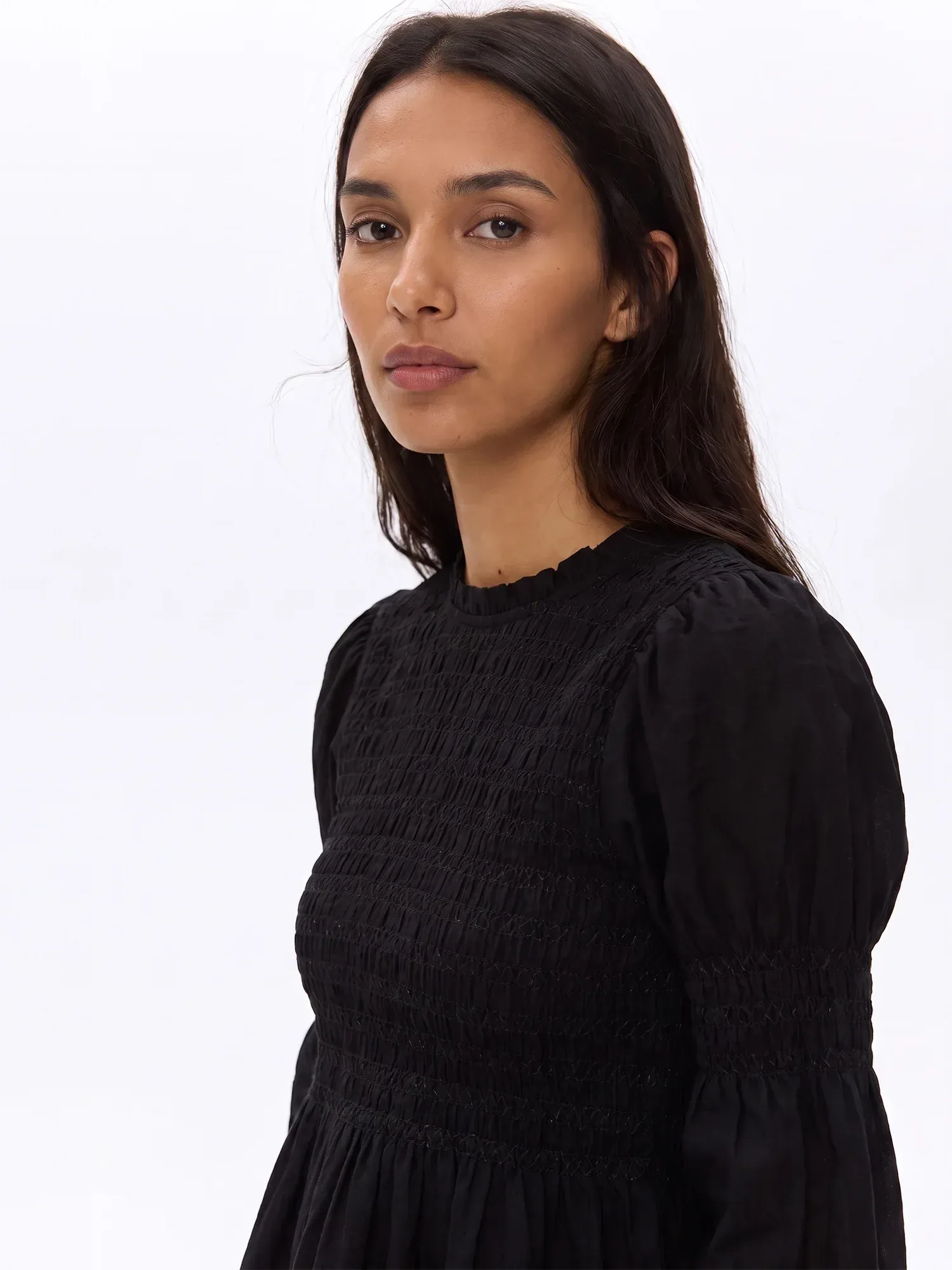 Longsleeves Smocked Textured Peplum Top