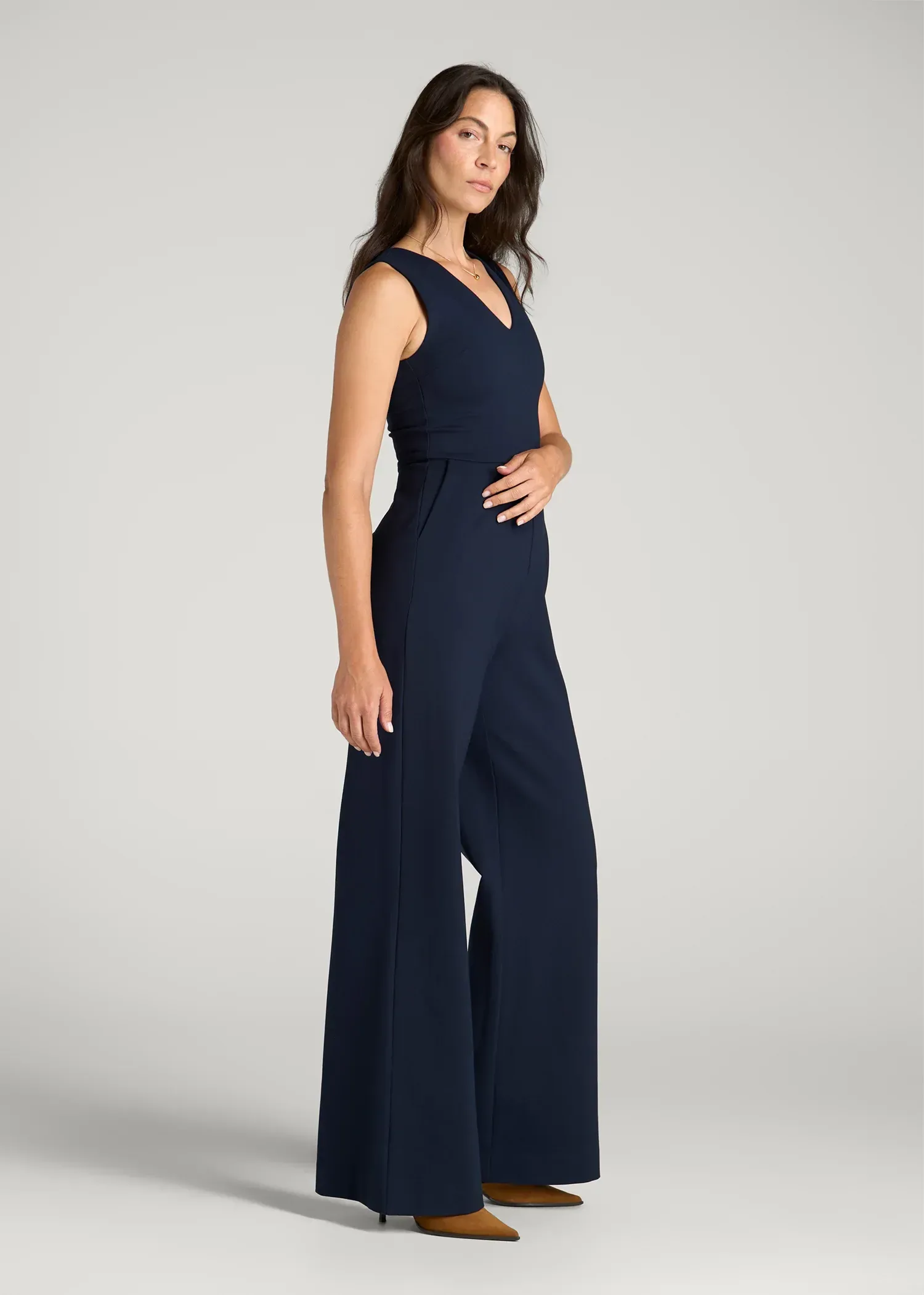 Flex Ponte Wide Leg V-Neck Jumpsuit for Tall Women in Navy