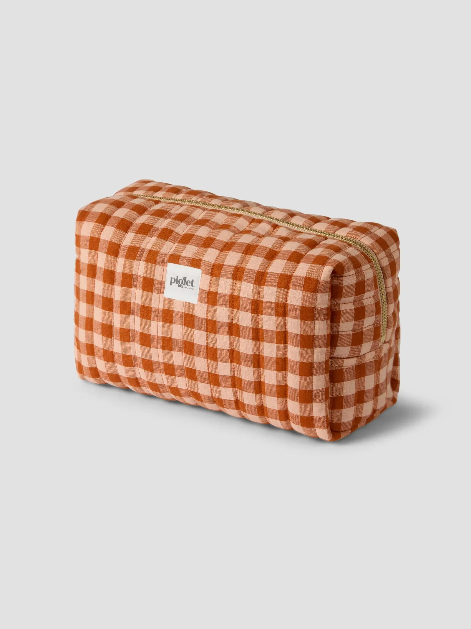 Cinnamon/Peach Colour Drenched Gingham Linen Blend Wash Bag