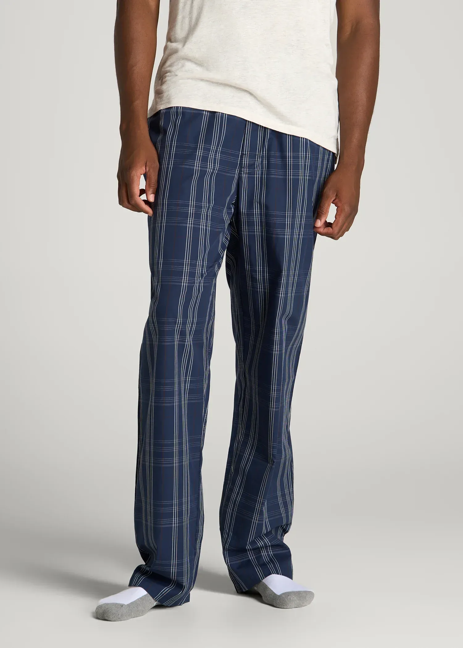 Cotton Poplin Pajama Pants for Tall Men in Navy and Blue Plaid