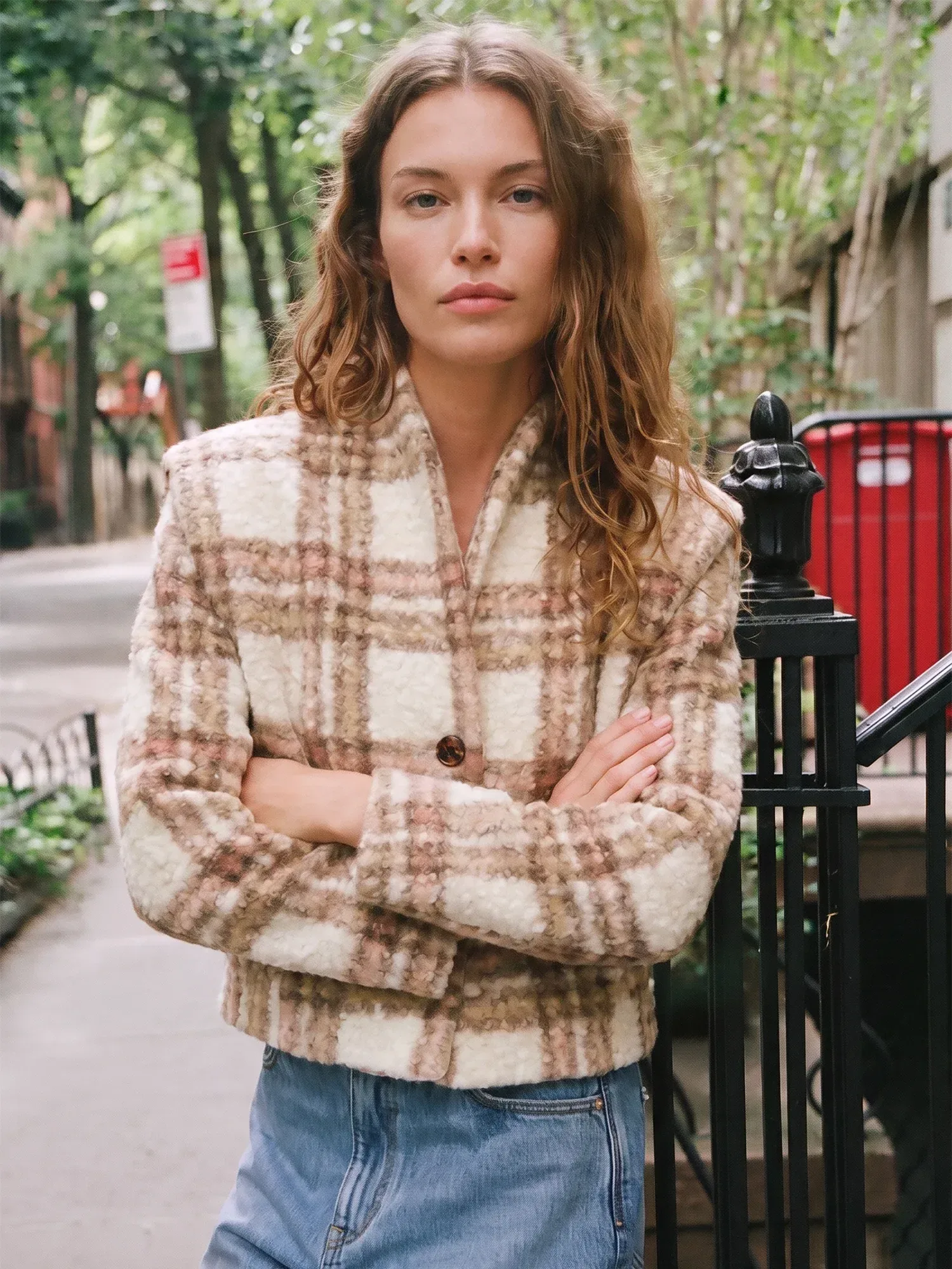 Shoulder Pad Collarless Plaid Coat