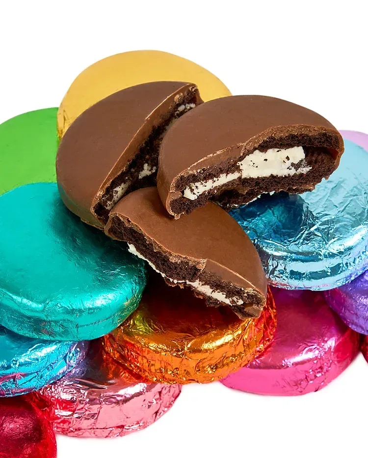 Rainbow Foiled Chocolate-Covered Sandwich Cookies